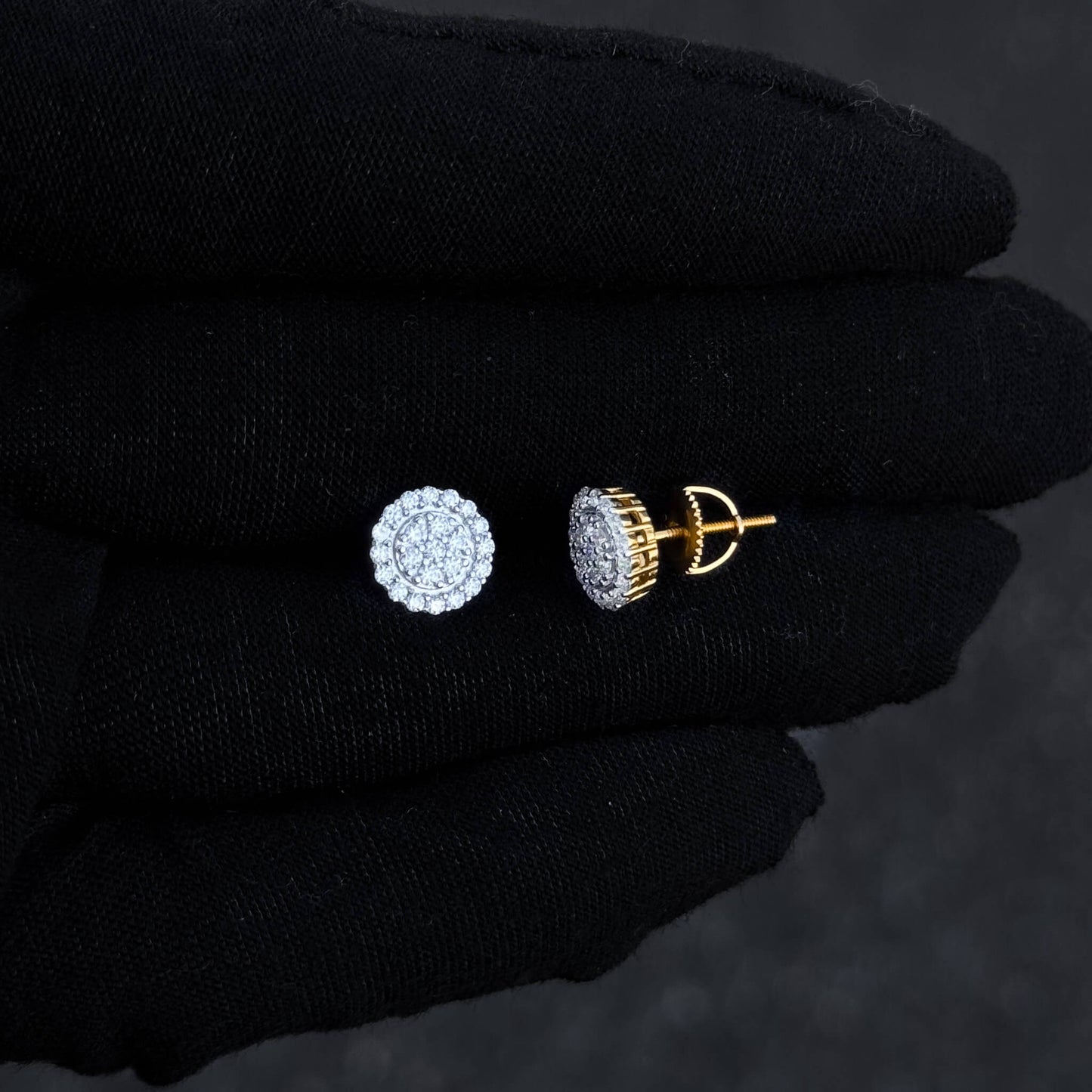 Side and front view of 8mm sterling silver moissanite cluster studs with screw-back posts.