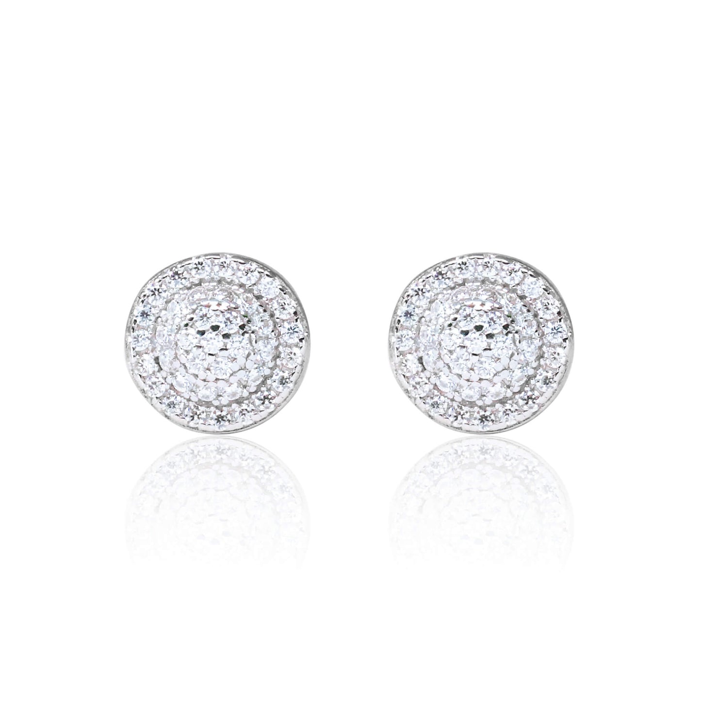 8mm round Moissanite cluster diamond stud earrings in polished sterling silver setting.