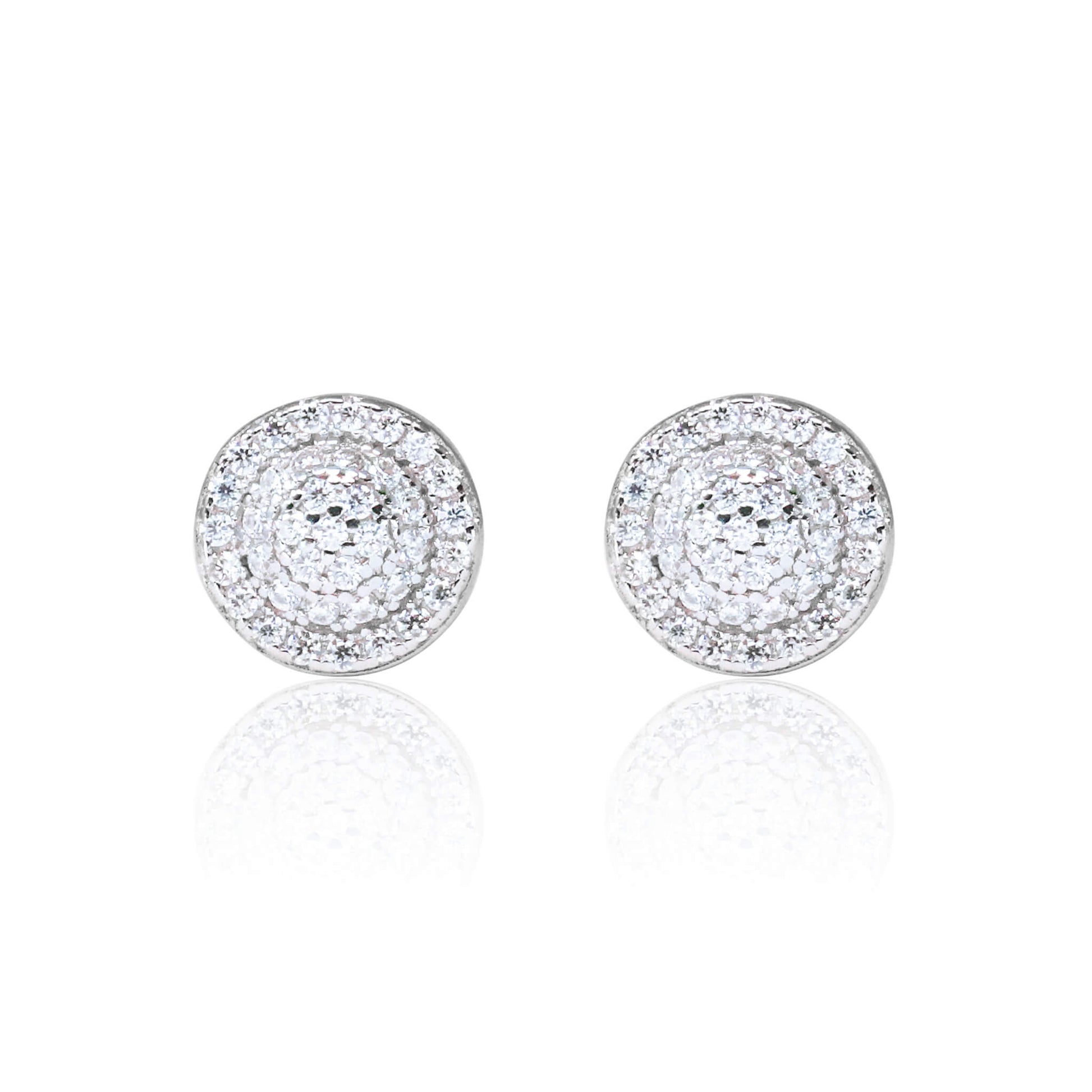 8mm round Moissanite cluster diamond stud earrings in polished sterling silver setting.