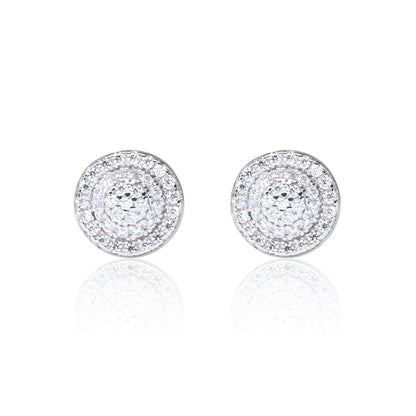 8mm round Moissanite cluster diamond stud earrings in polished sterling silver setting.