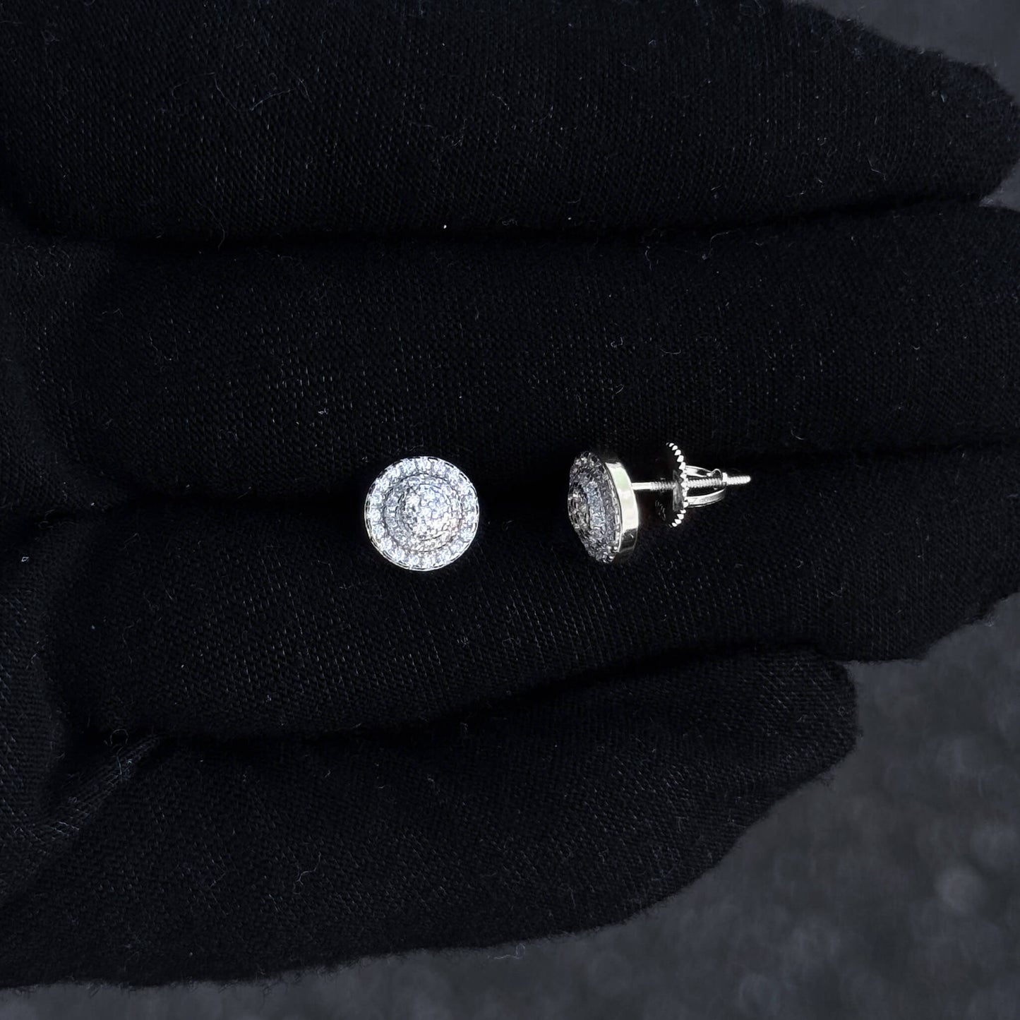 Side and front view of 8mm Moissanite cluster stud earrings with screw-back posts.
