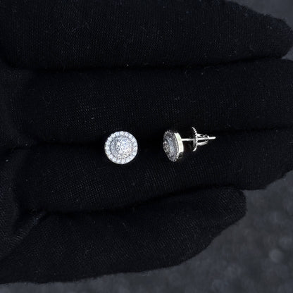 Side and front view of 8mm Moissanite cluster stud earrings with screw-back posts.