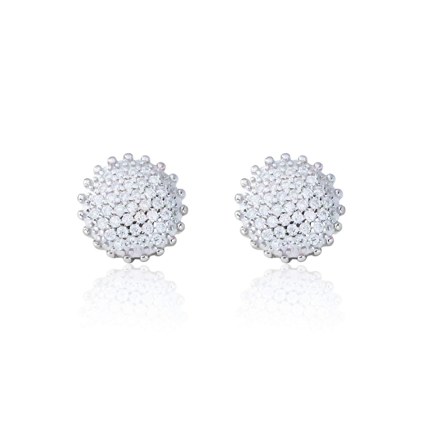 8mm round moissanite cluster earrings featuring 0.48ct diamonds in polished sterling silver.