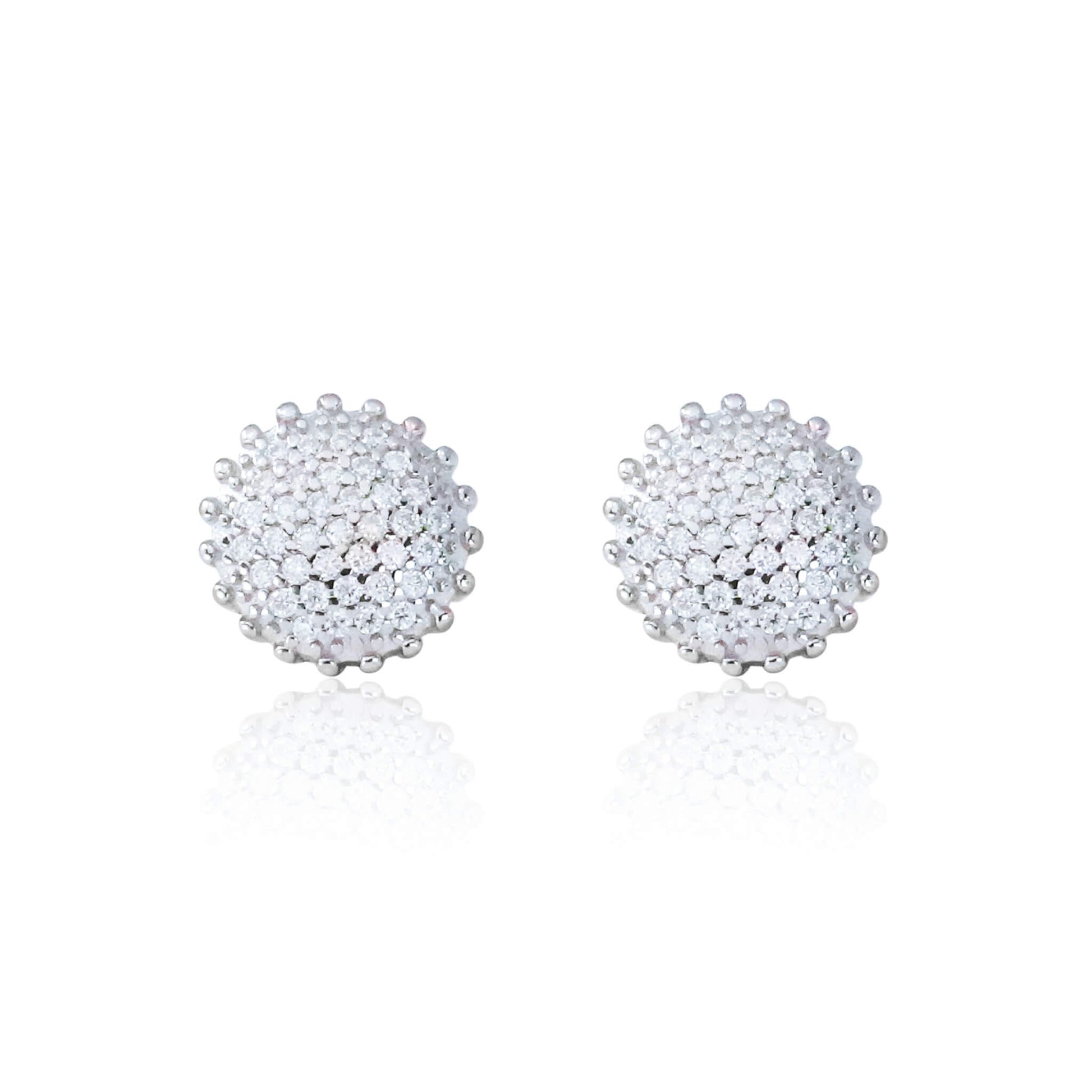 8mm round moissanite cluster earrings featuring 0.48ct diamonds in polished sterling silver.