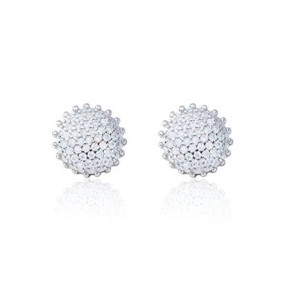 8mm round moissanite cluster earrings featuring 0.48ct diamonds in polished sterling silver.