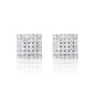 Close-up of 6mm moissanite cluster square earrings in sterling silver with double halo diamond design.