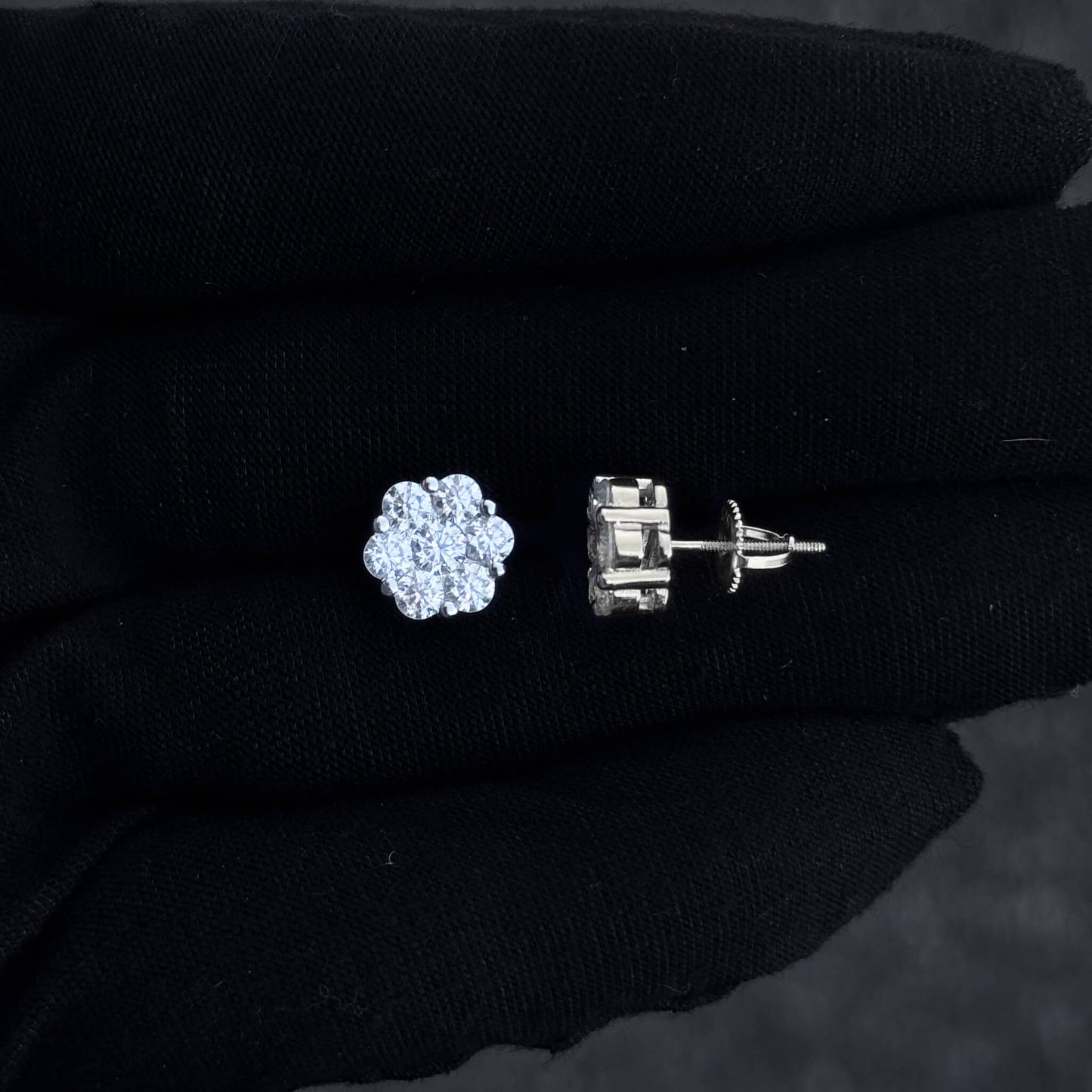 Side and front view of 10mm sterling silver moissanite cluster earrings with screw-back posts.