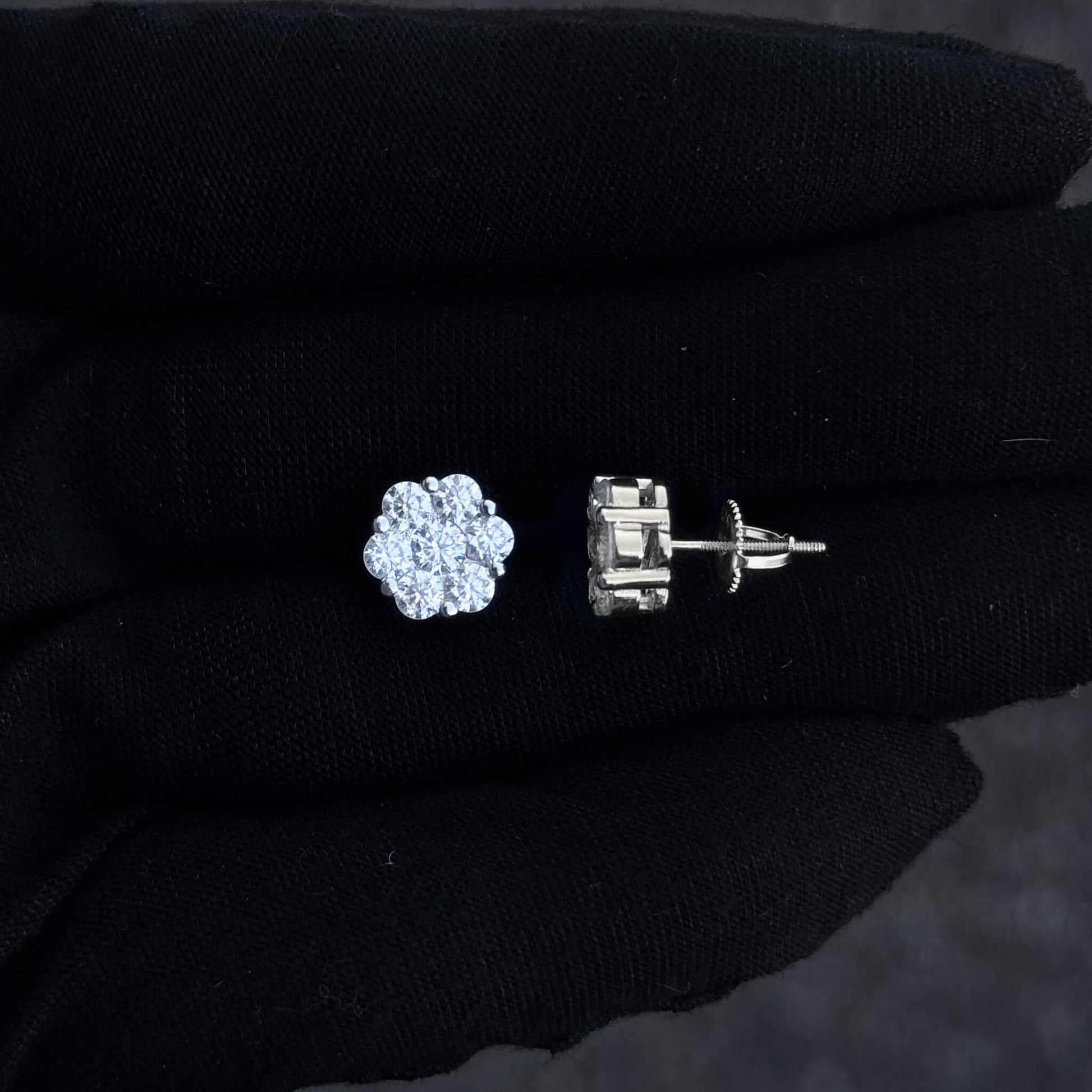 Side and front view of 10mm sterling silver moissanite cluster earrings with screw-back posts.