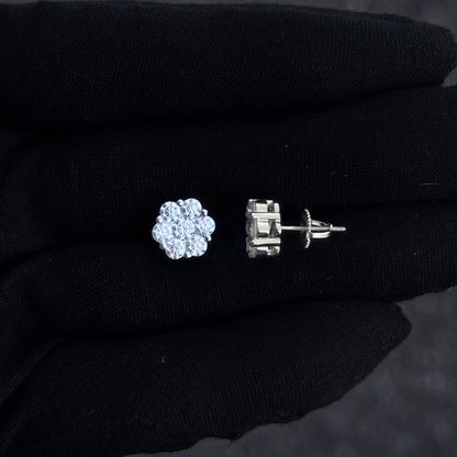 Side and front view of 10mm sterling silver moissanite cluster earrings with screw-back posts.