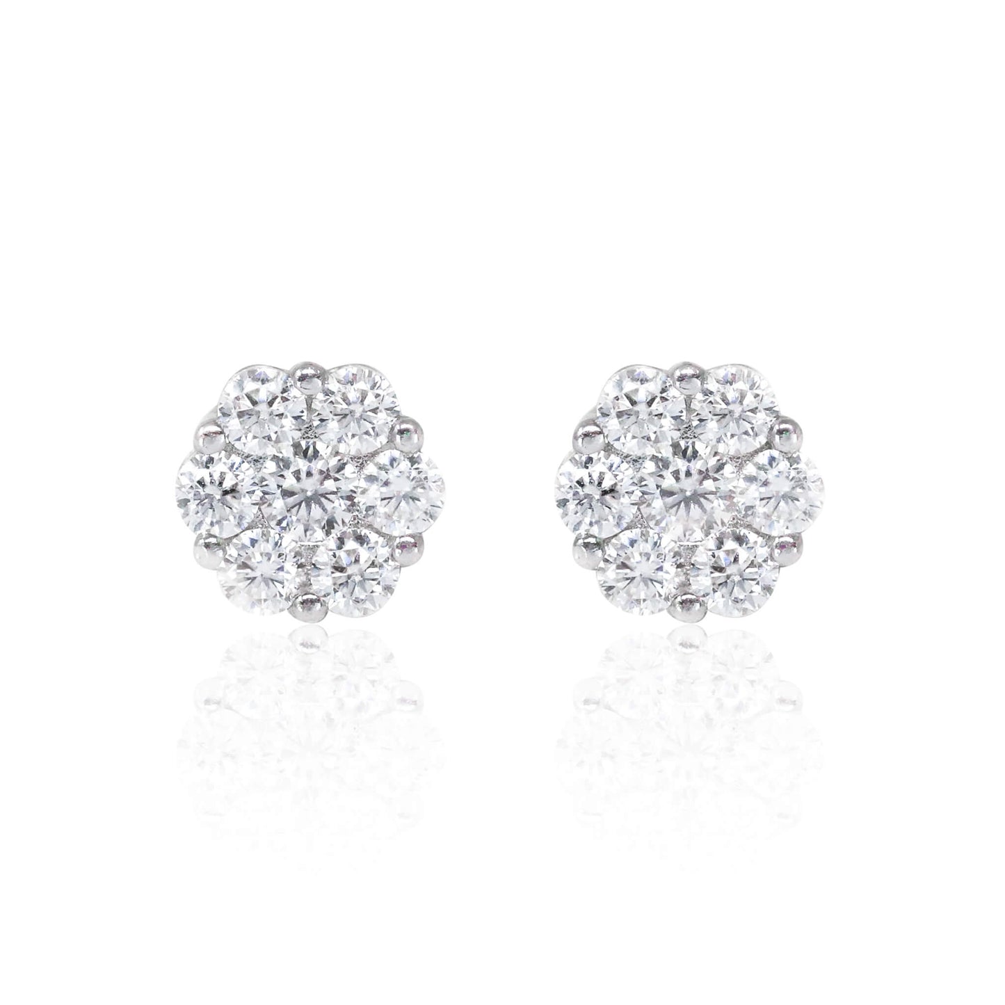 Bright sterling silver 10mm moissanite cluster earrings featuring round 0.96ct diamond studs.