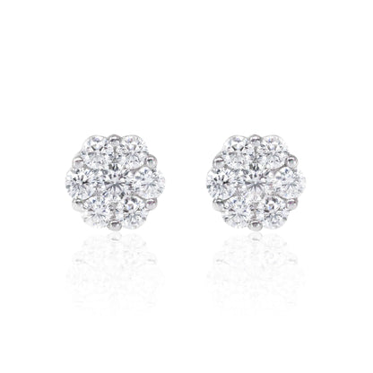 Bright sterling silver 10mm moissanite cluster earrings featuring round 0.96ct diamond studs.