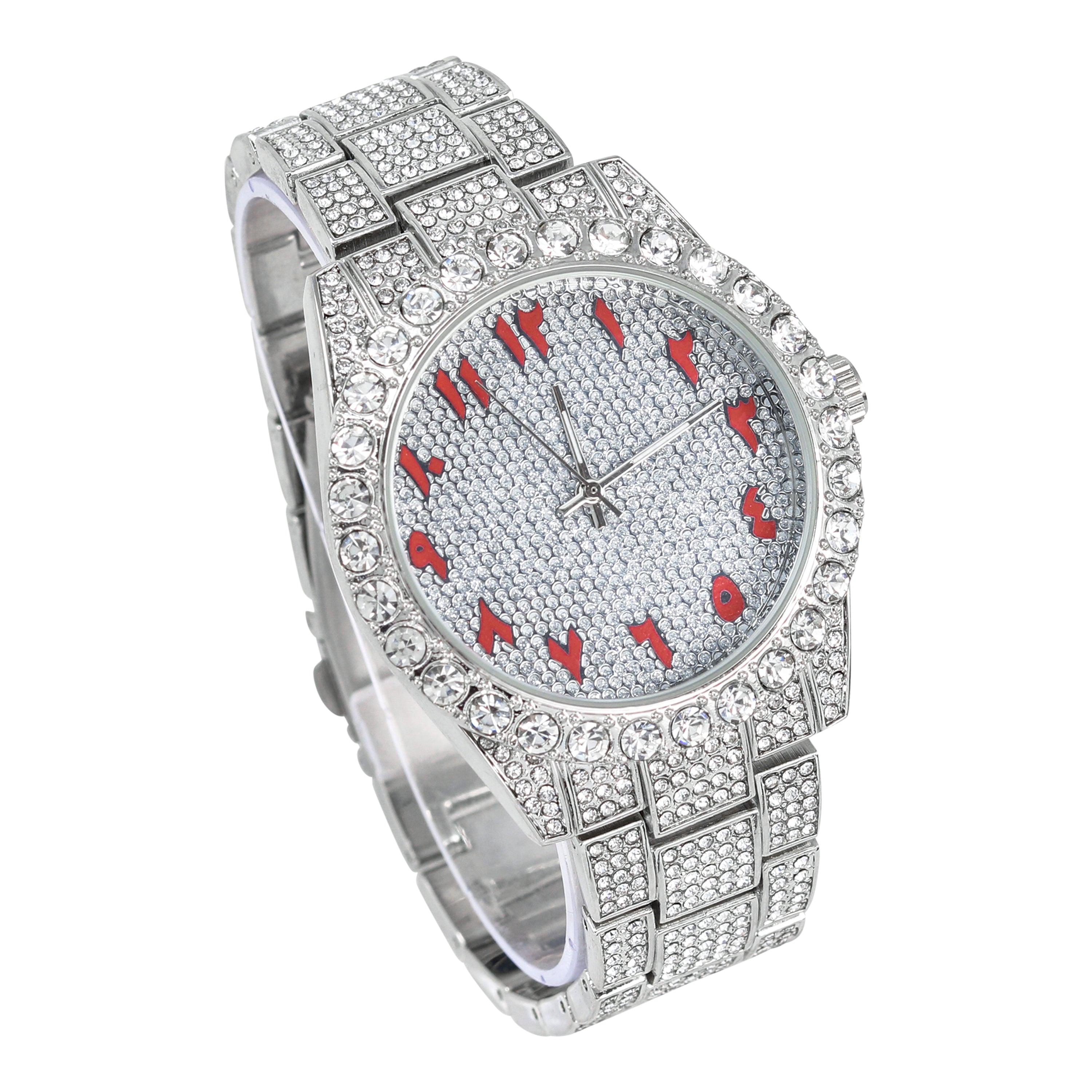 Men's Round Iced Out Watch 45mm Silver - Arab Dial