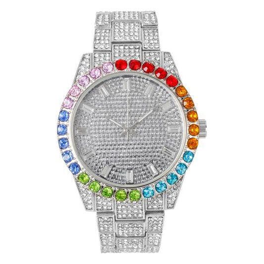 Urban Iced-Out Rainbow Dial 44mm Metal Band Watch - 9034R2-MB