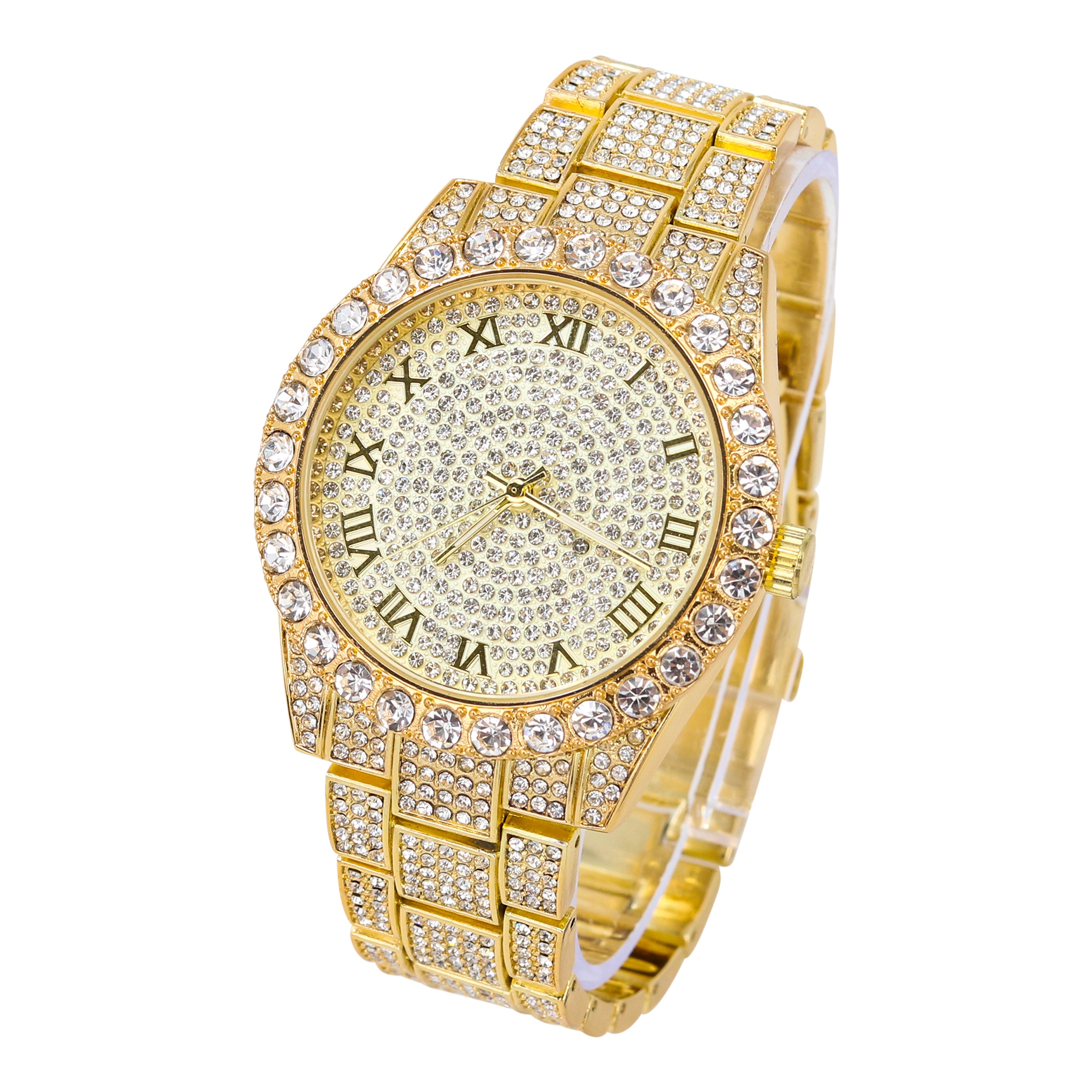 Men's Round Iced Out Watch 45mm Gold - Roman Dial