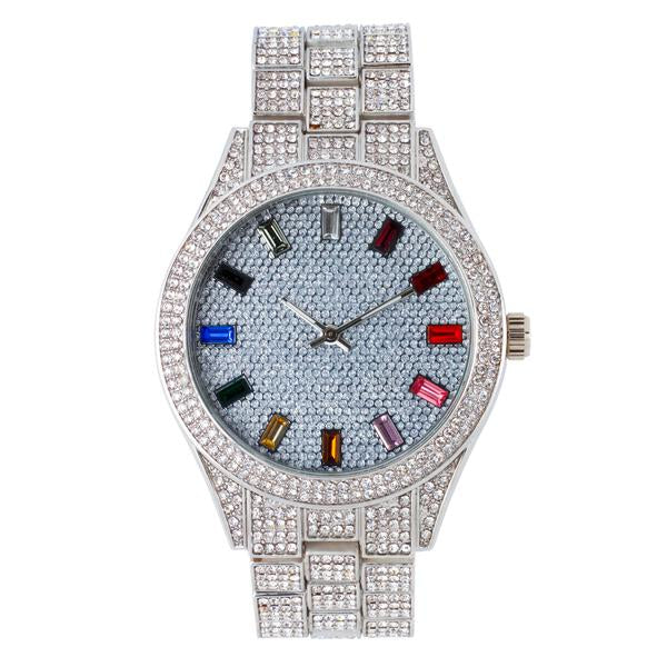 Urban Iced-Out Rainbow Dial 44mm Metal Band Watch - 9120D-MB