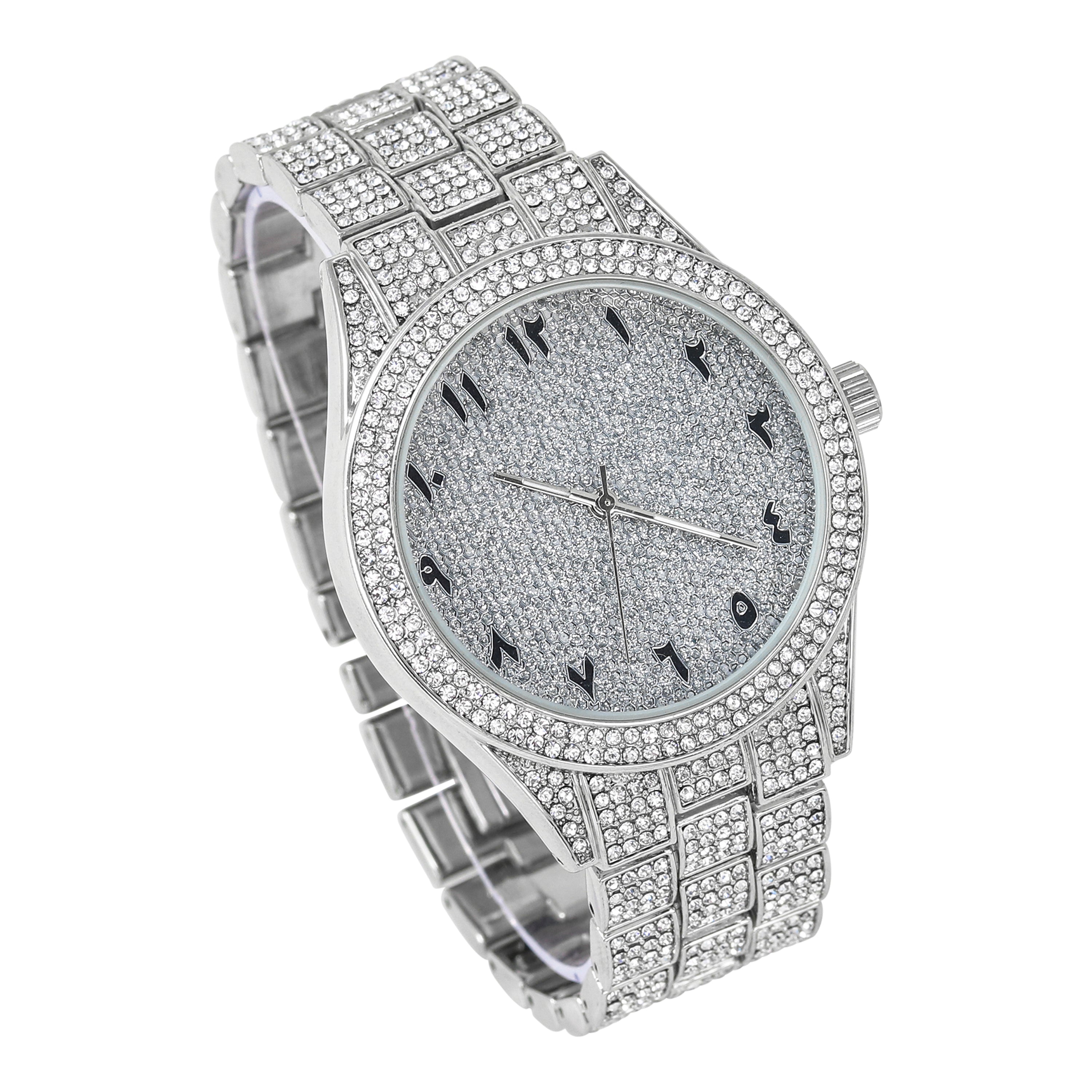 Men's Round Iced Out Watch 43mm Silver - Arab Dial