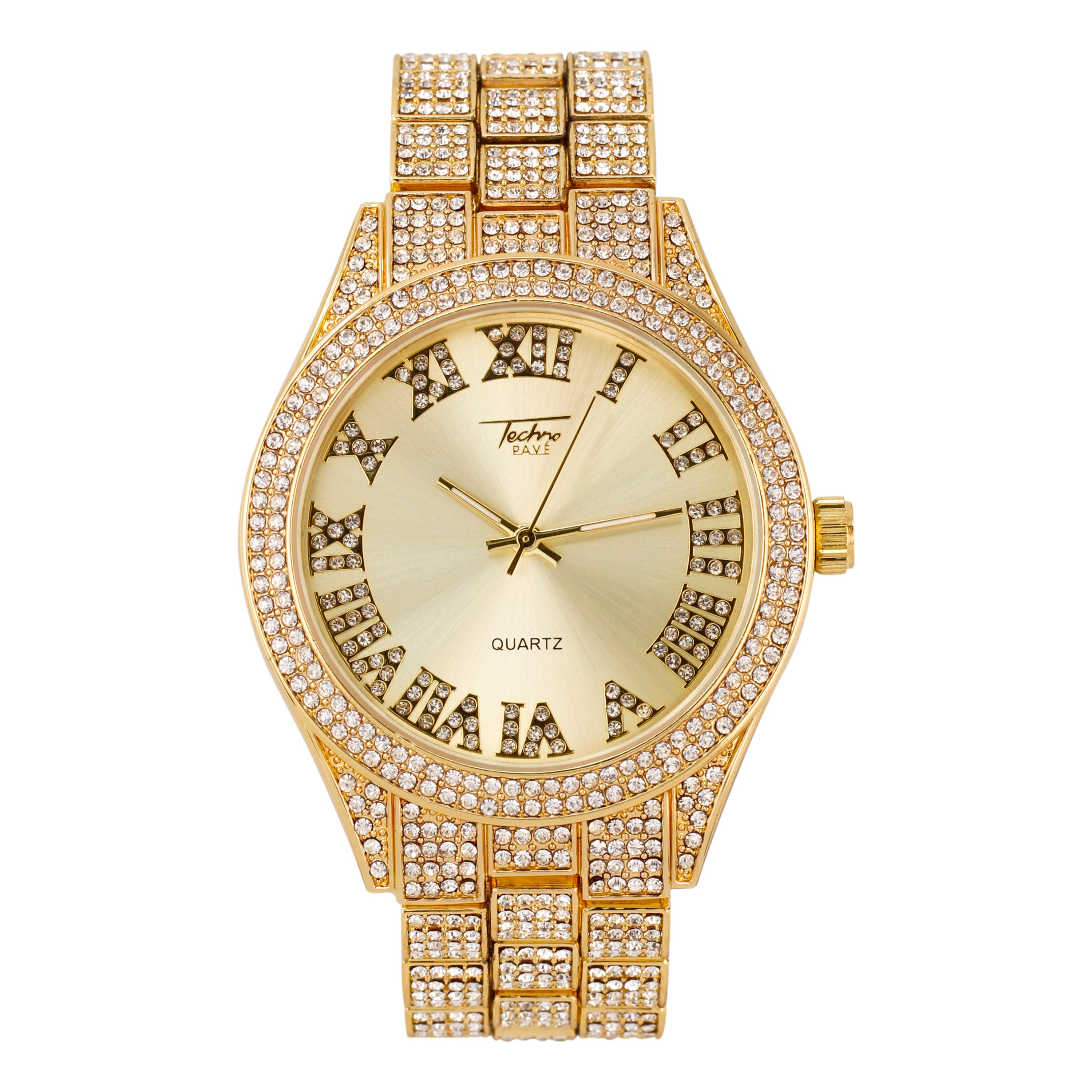 Women's Round Iced Out Watch 42mm Gold - Roman Dial