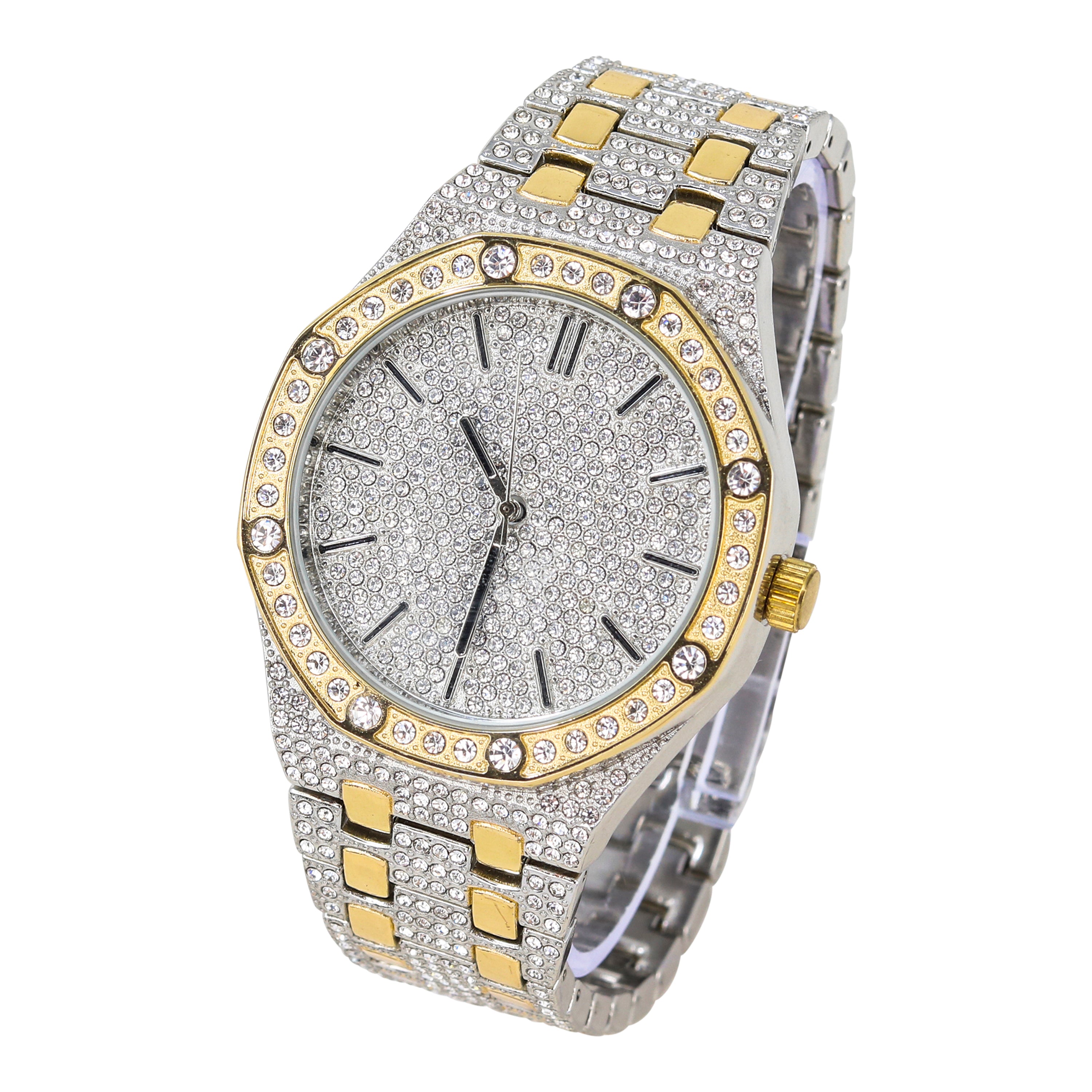 Men's Octagon Dial Watch 46mm Two-Tone - *Fully Iced Band*