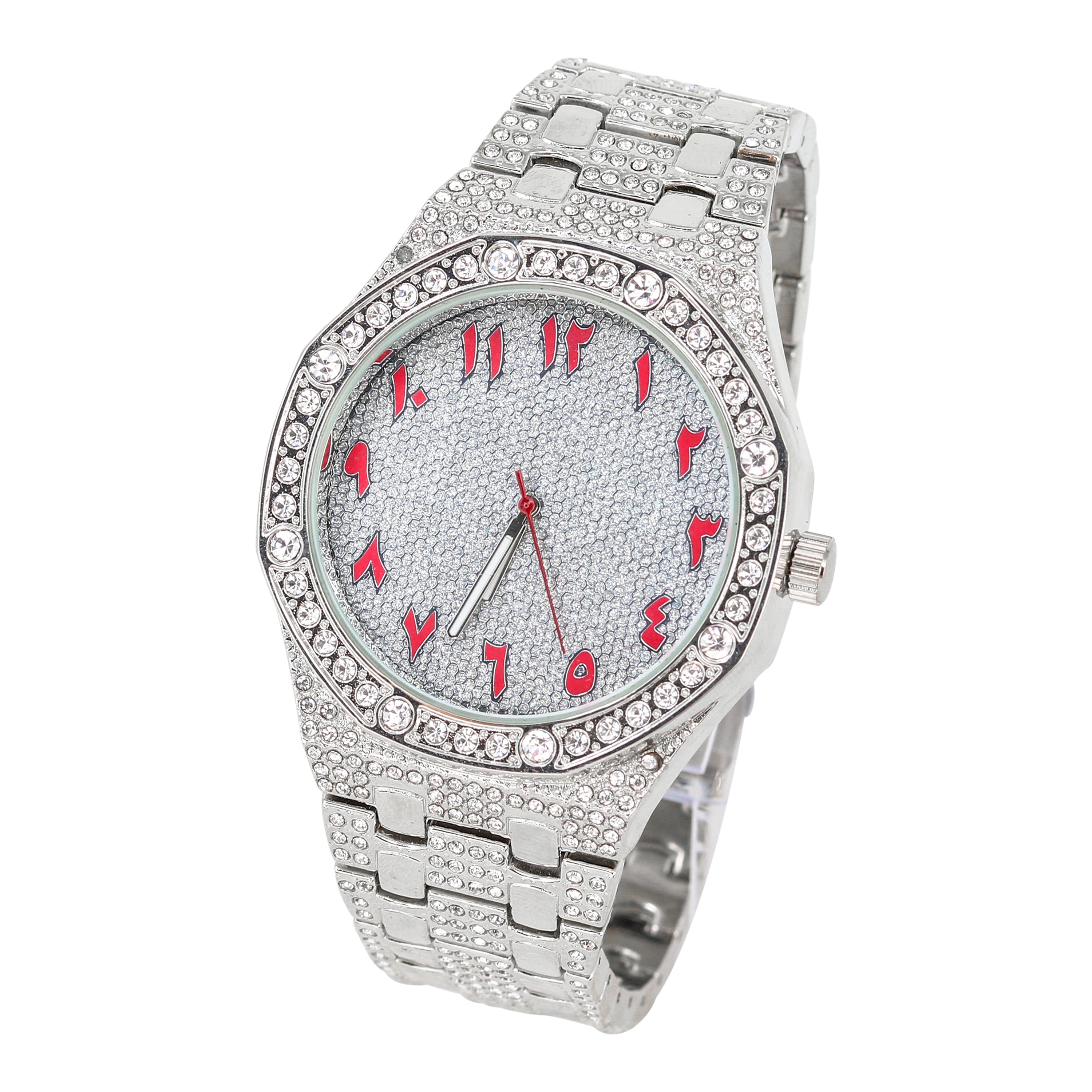 46mm Octagon Arab Dial Watch Silver Red
