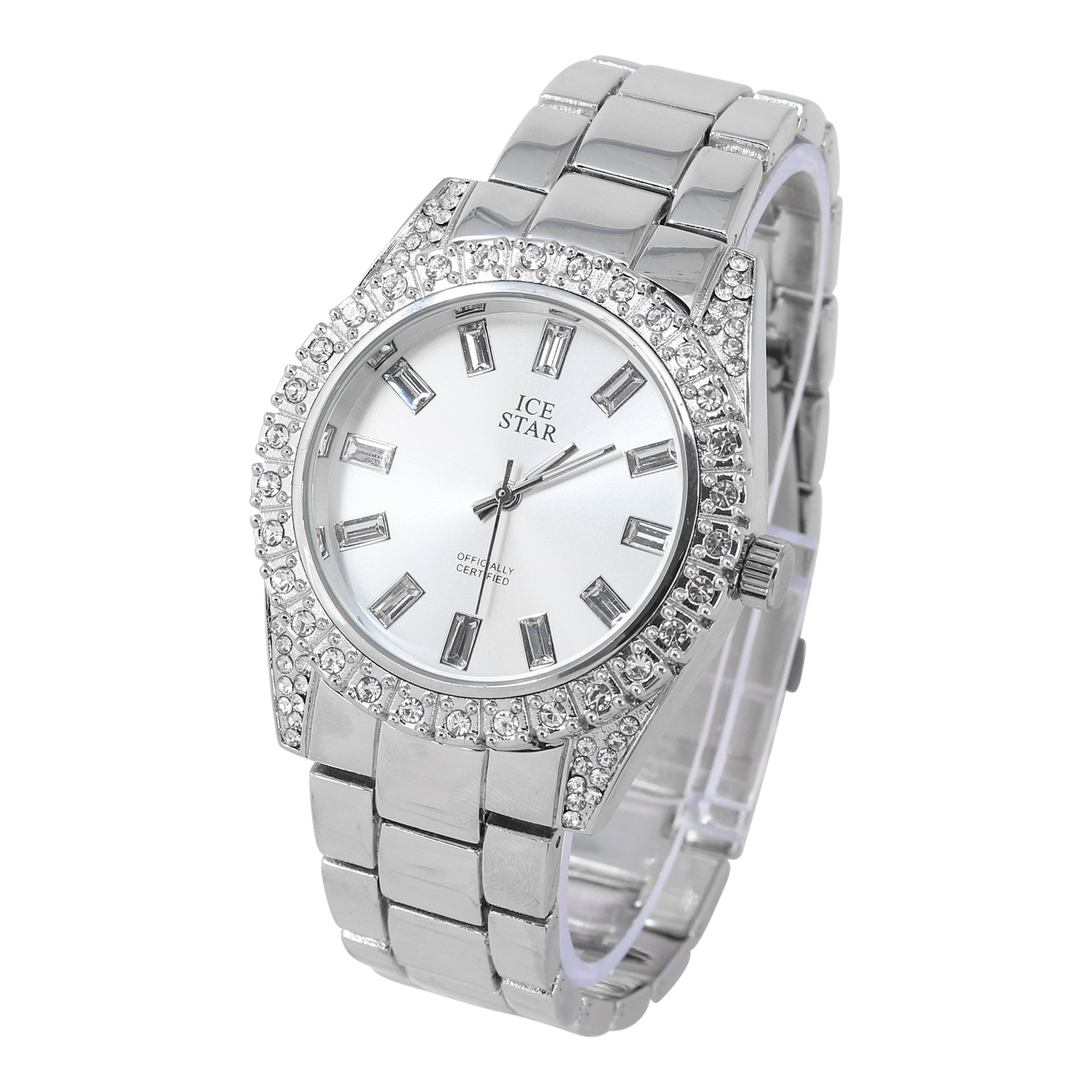 Women's Round Iced Out Watch 41mm Silver - Baguette Dial