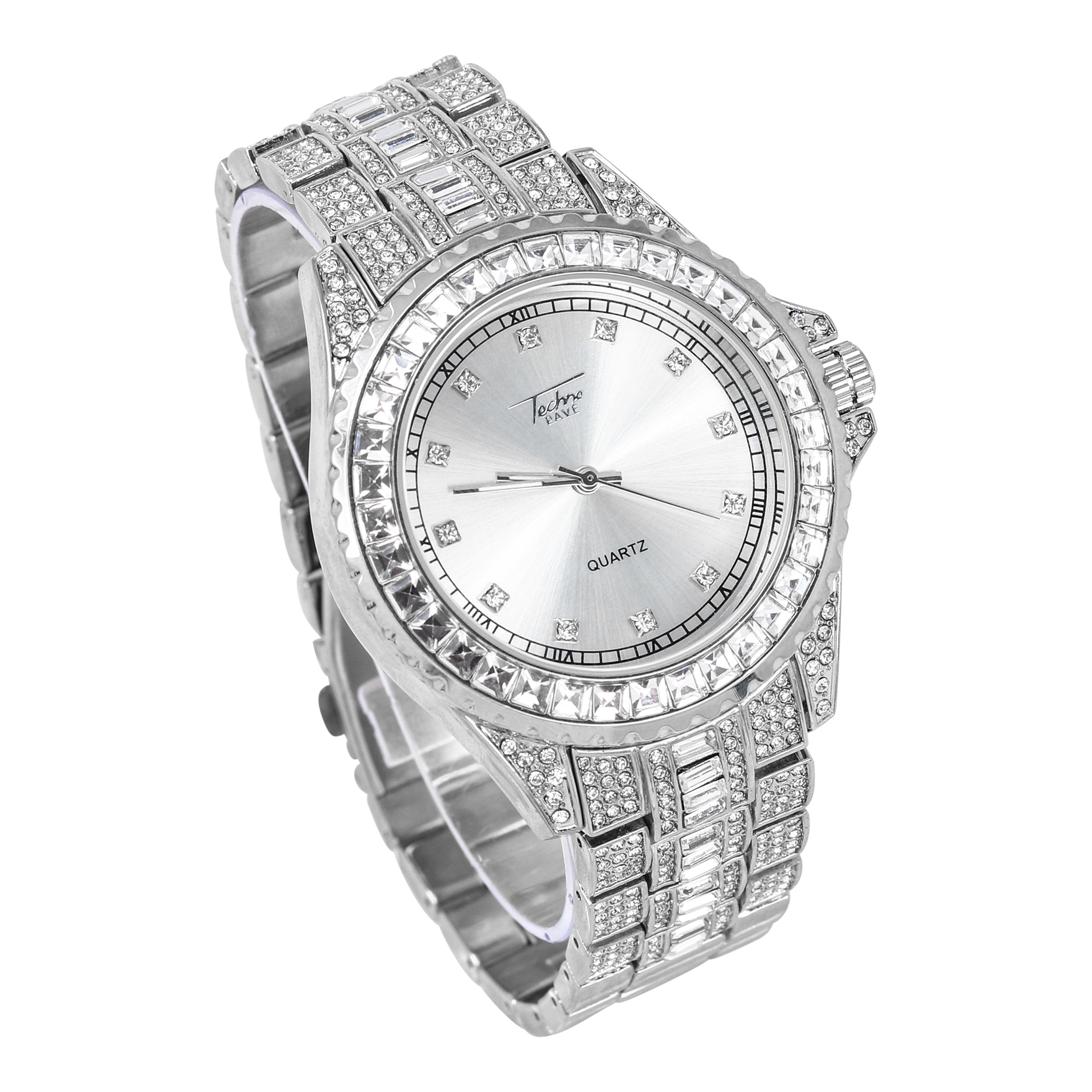 Men's Round Iced Out Watch 45mm Silver - Roman Dial