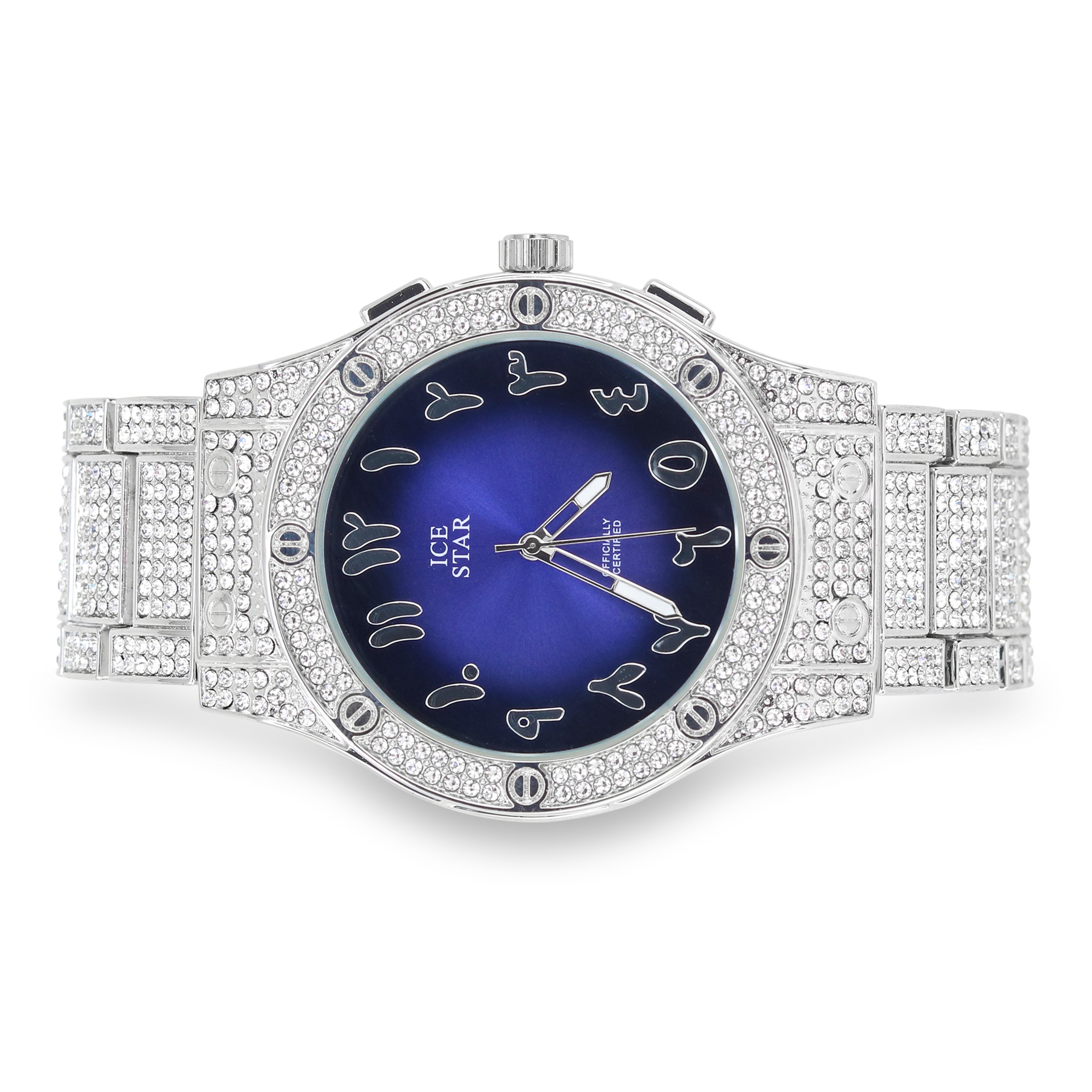 Men's Round Iced Out Watch 42mm Silver- Arab Dial