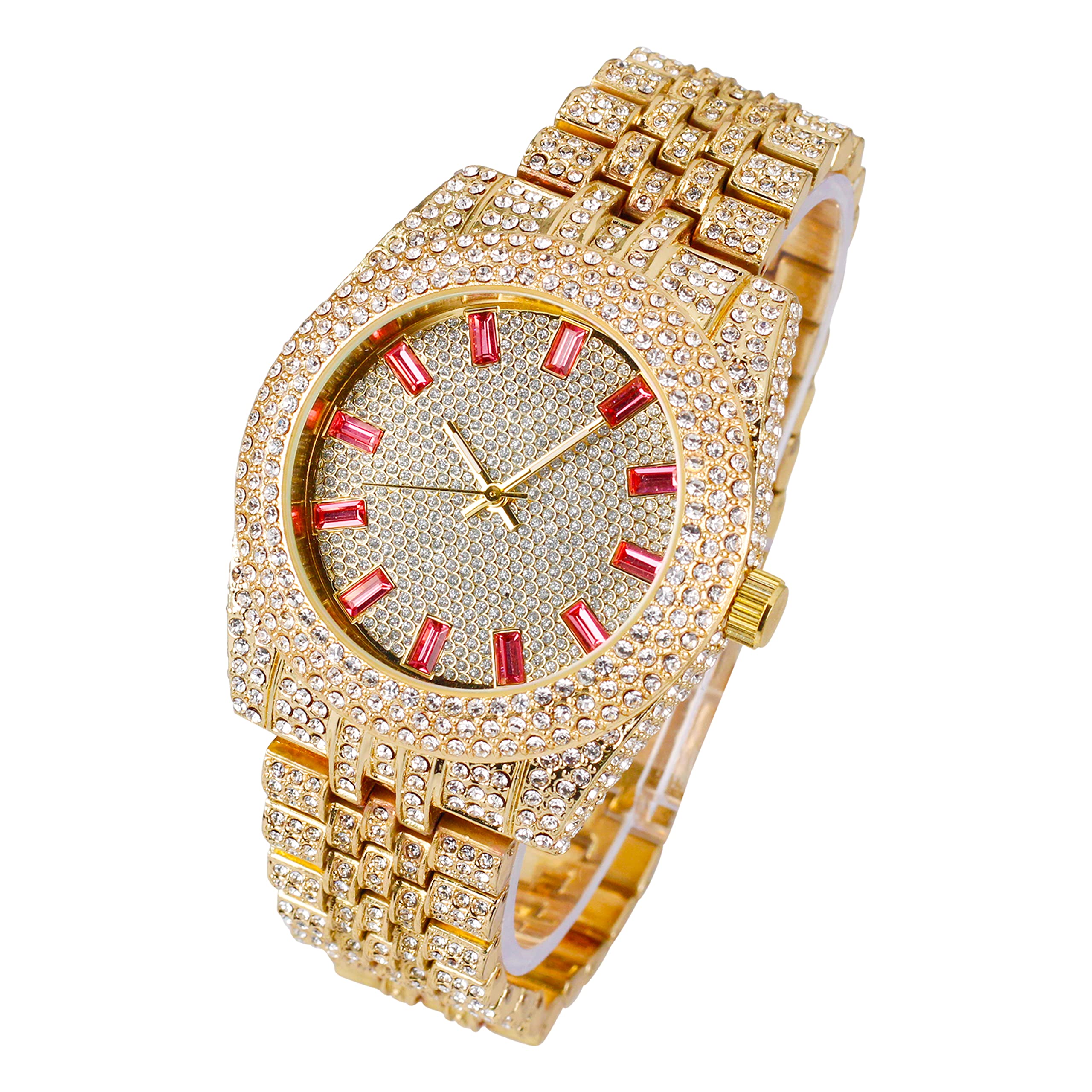Women's Round Iced Out Watch 43mm Gold - Baguette Dial