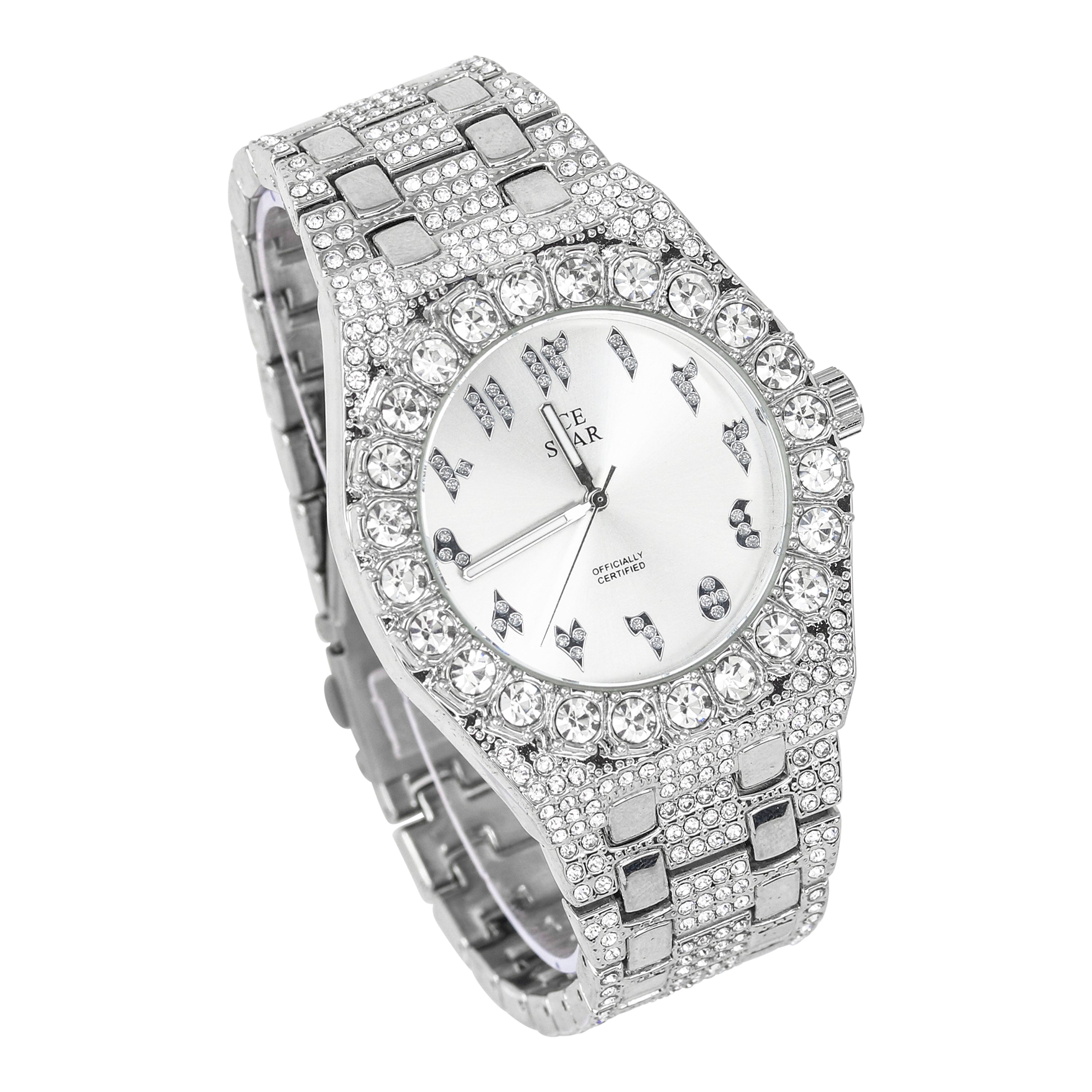 Men's Round Iced Out Watch 41mm Silver - Arabic Dial