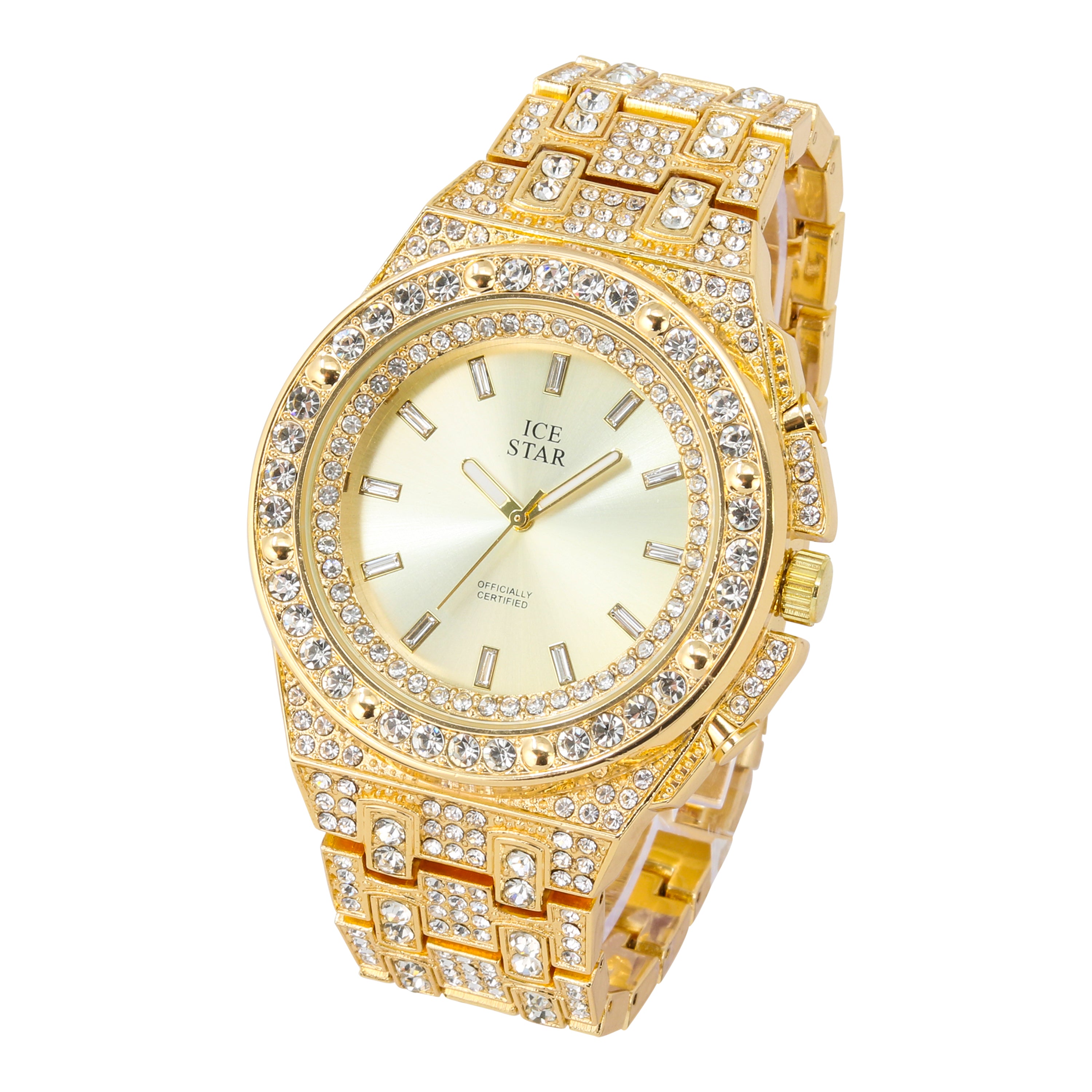 Men's Round Iced Out Watch 45mm Gold - Baguette Dial