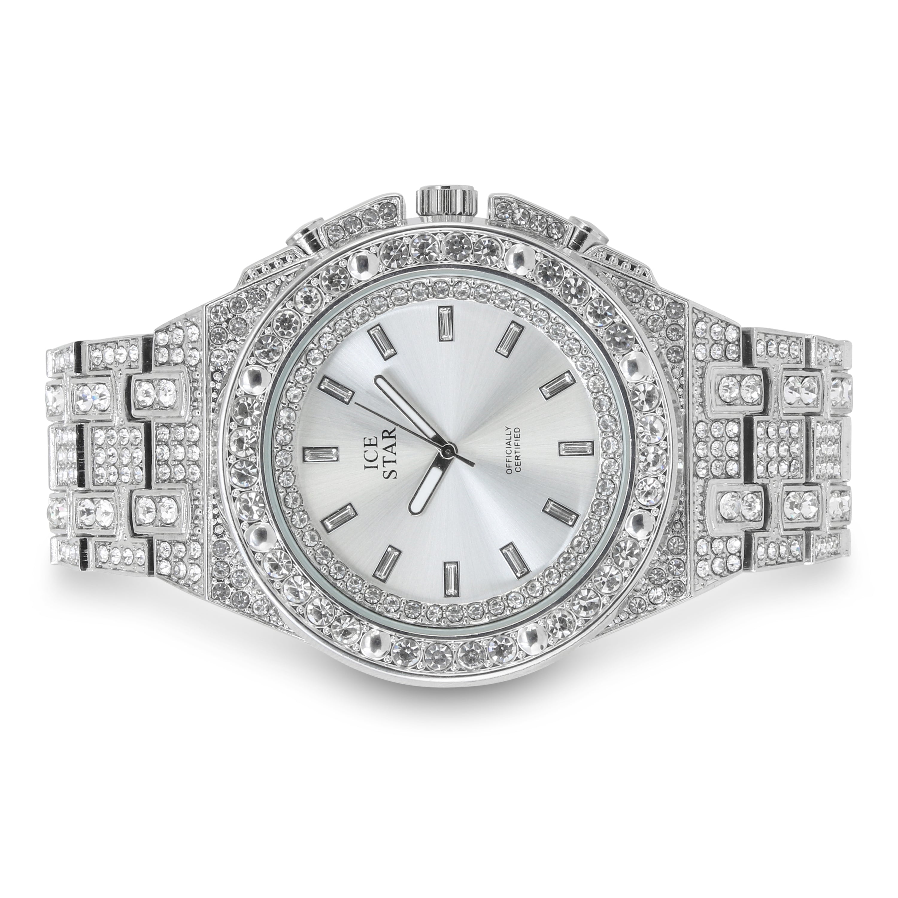Men's Round Iced Out Watch 45mm Silver- Baguette Dial