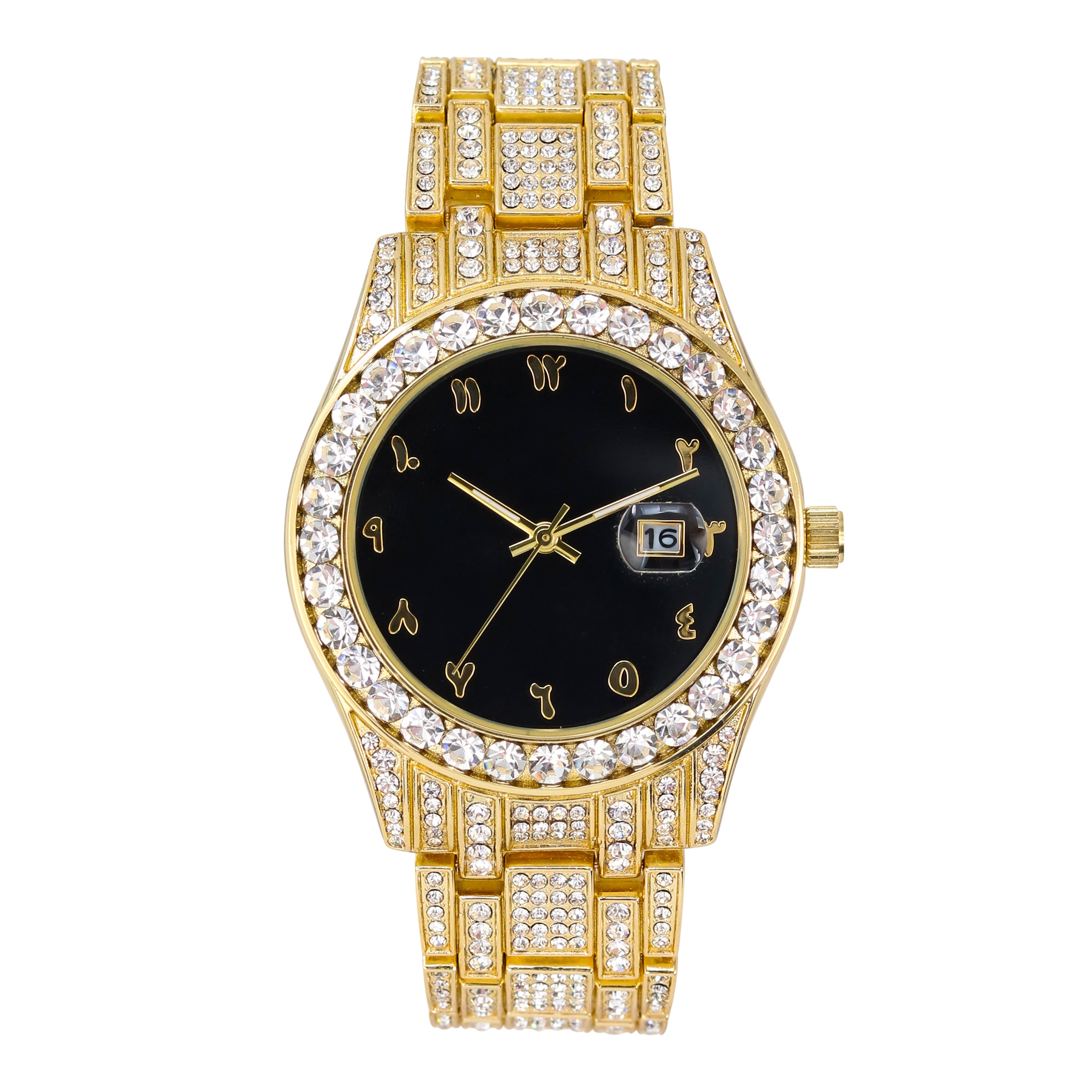 40mm Iced Out Round Arab Dial Watch Gold Black