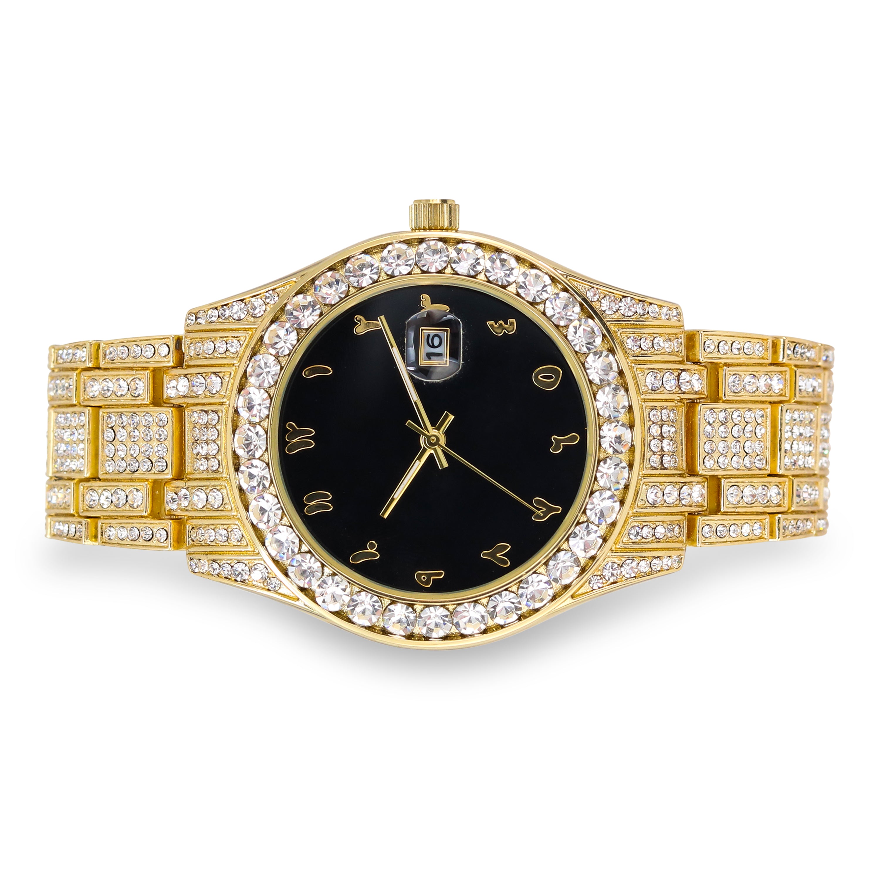 40mm Iced Out Round Arab Dial Watch Gold Black