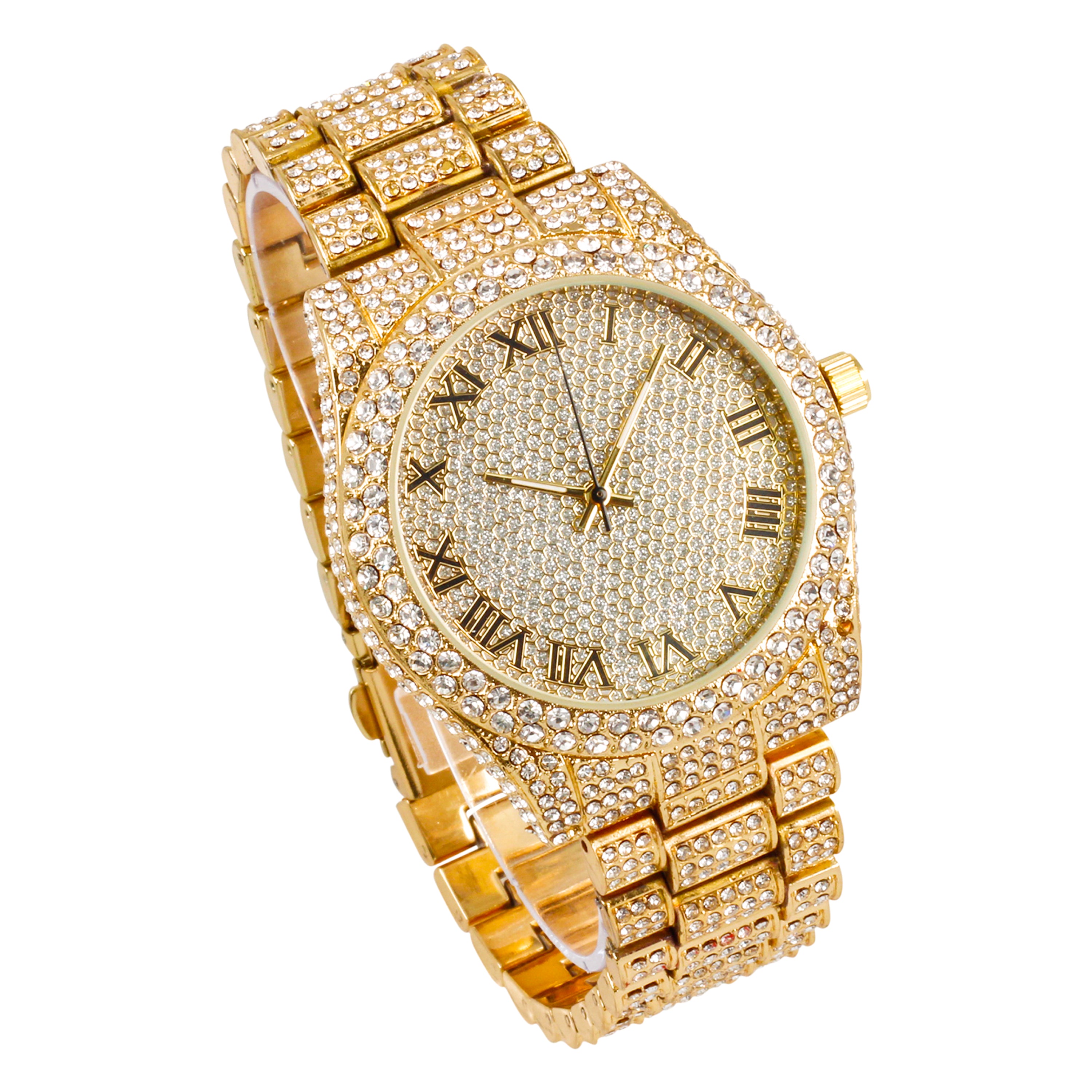 Women's Round Iced Out Watch 40mm Gold - Roman Dial