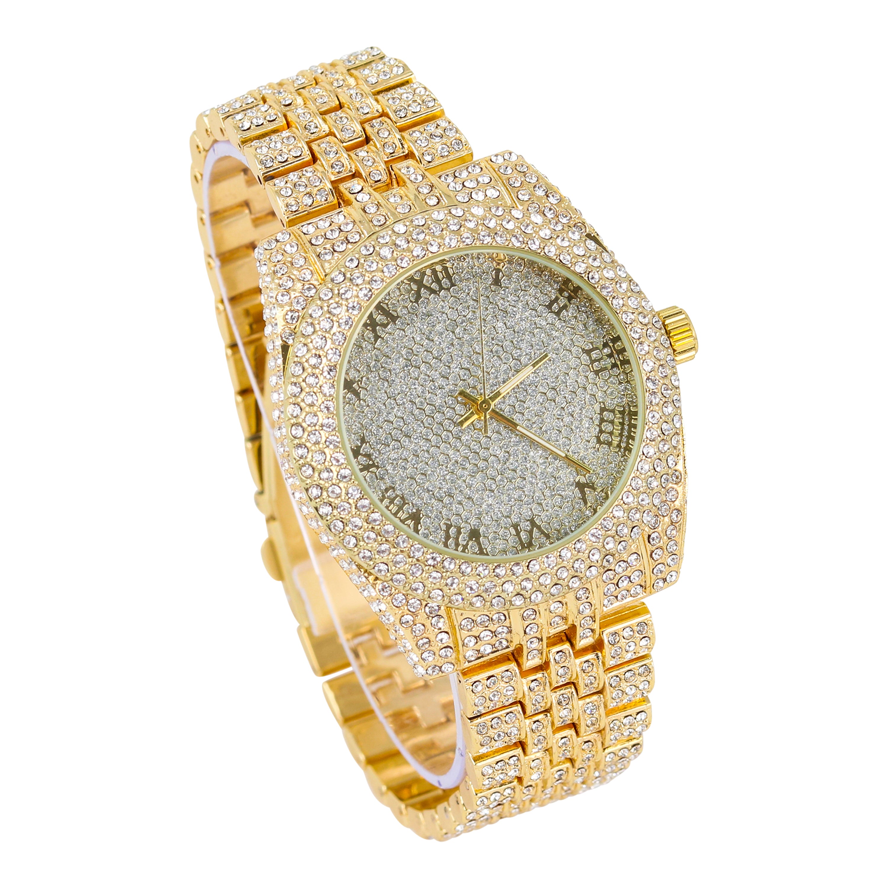Men's Round Iced Out Watch 43mm Gold - Roman Dial
