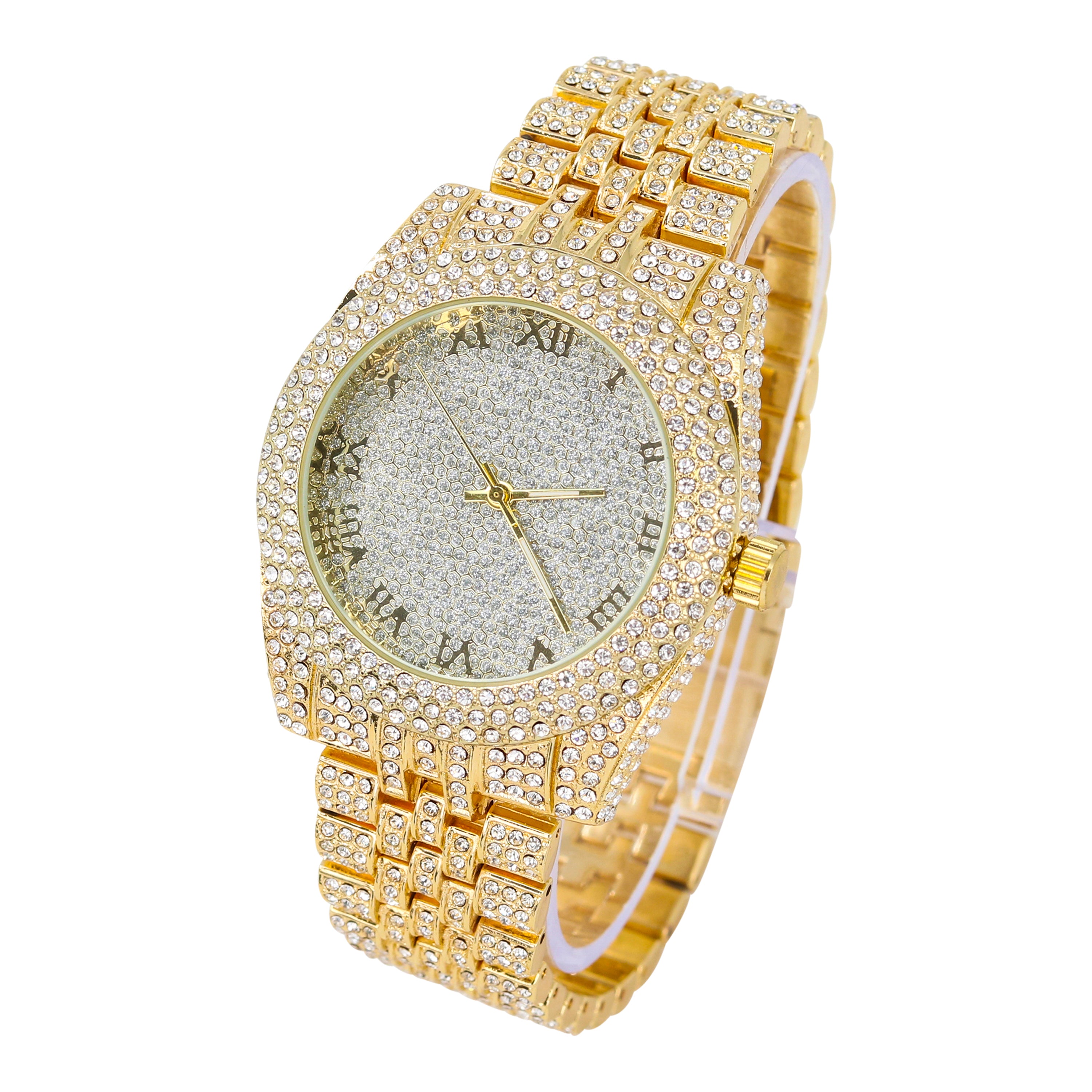 Men's Round Iced Out Watch 43mm Gold - Roman Dial