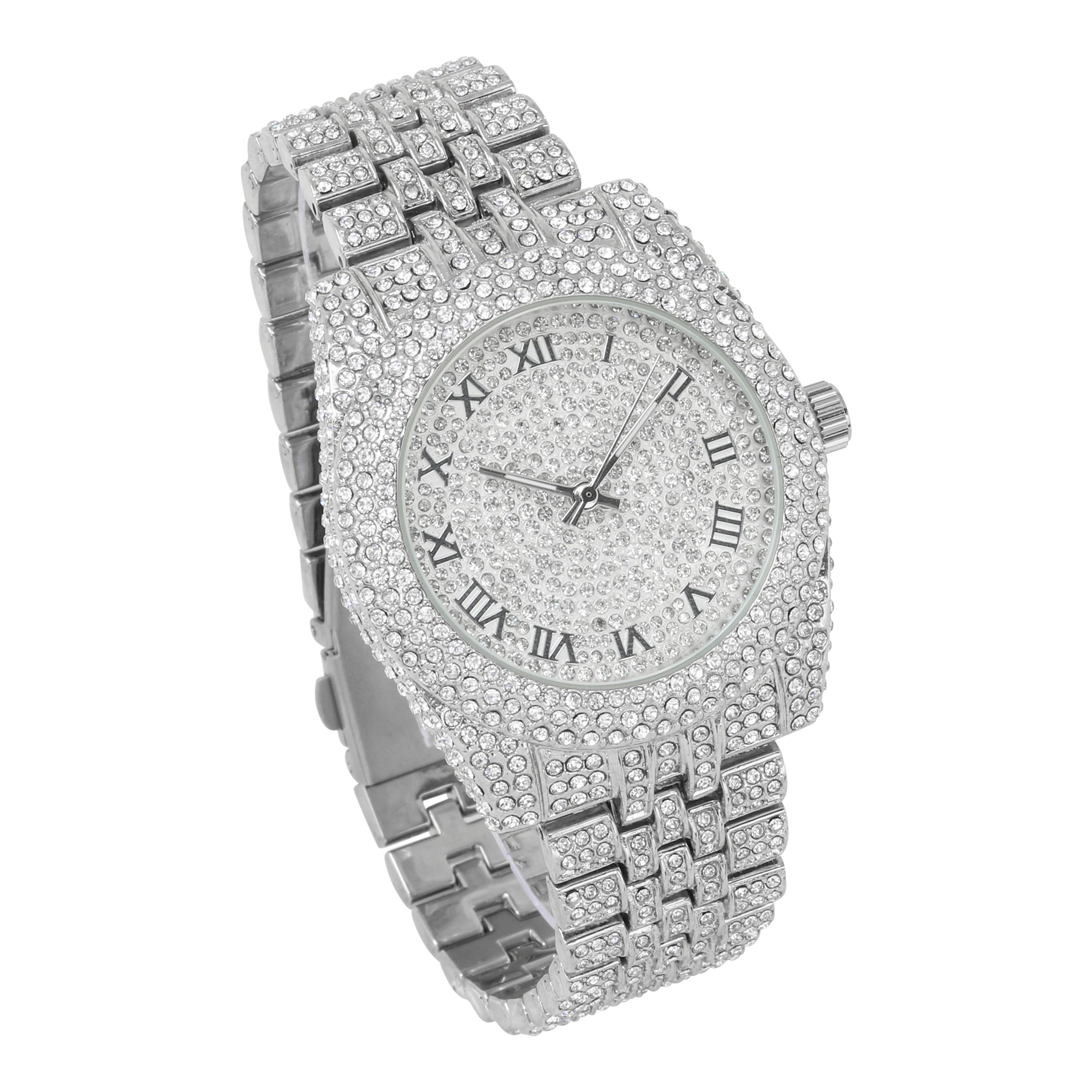 Women's Round Iced Out Watch 43mm Silver - Roman Dial