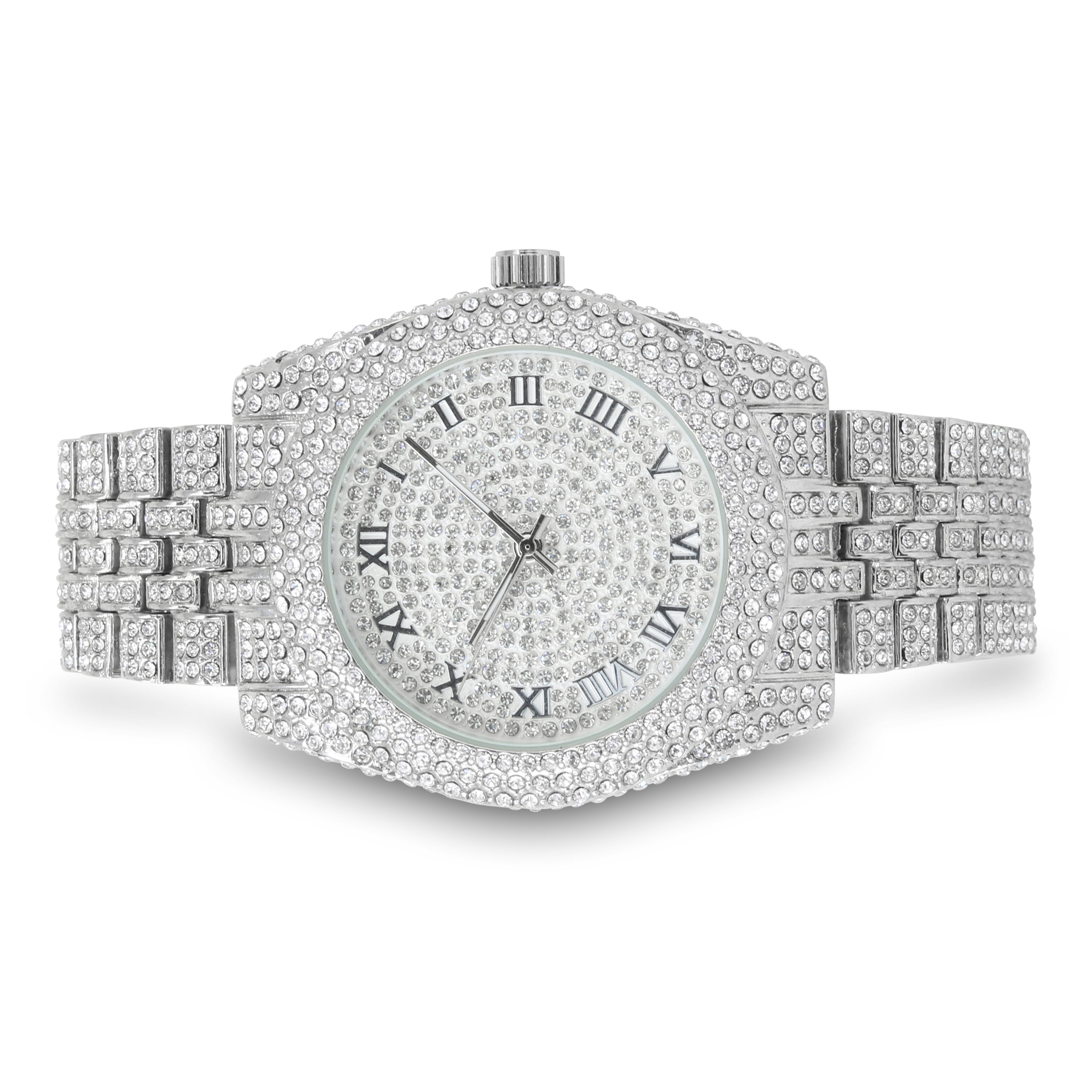 Women's Round Iced Out Watch 43mm Silver - Roman Dial