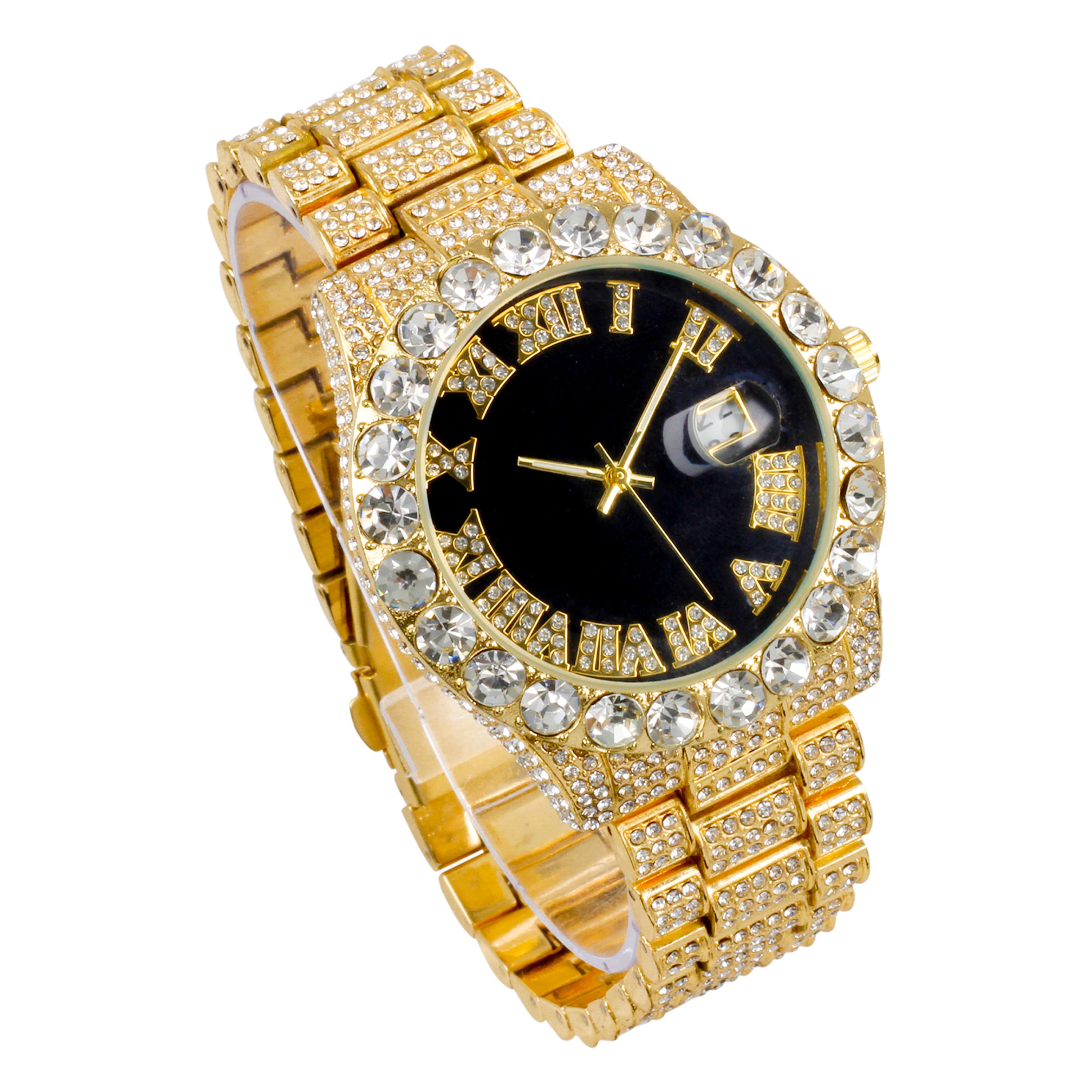 Men's Round Iced Out Watch 42mm Gold- Roman Dial