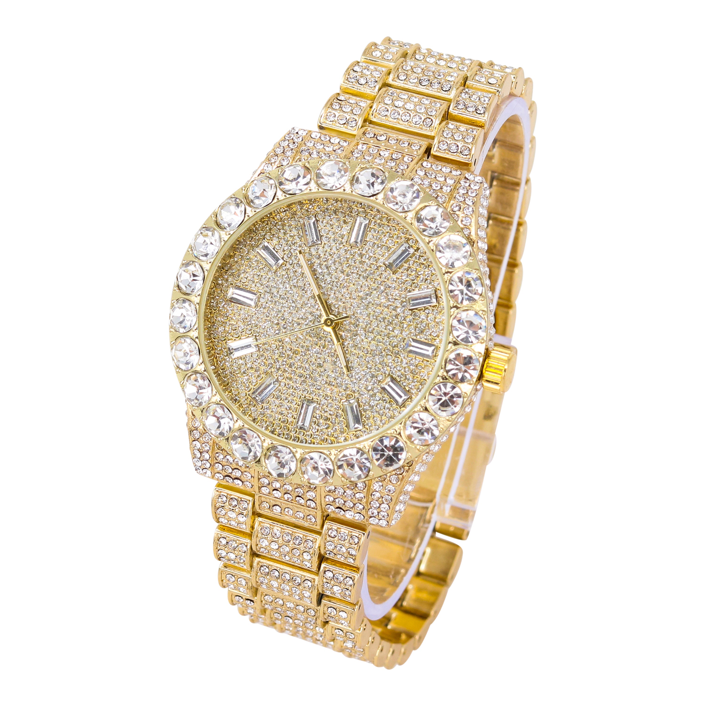 Men's Round Iced Out Watch 42mm Gold - Baguette Dial