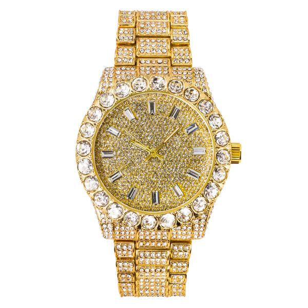 Men's Round Iced Out Watch 42mm Gold - Baguette Dial