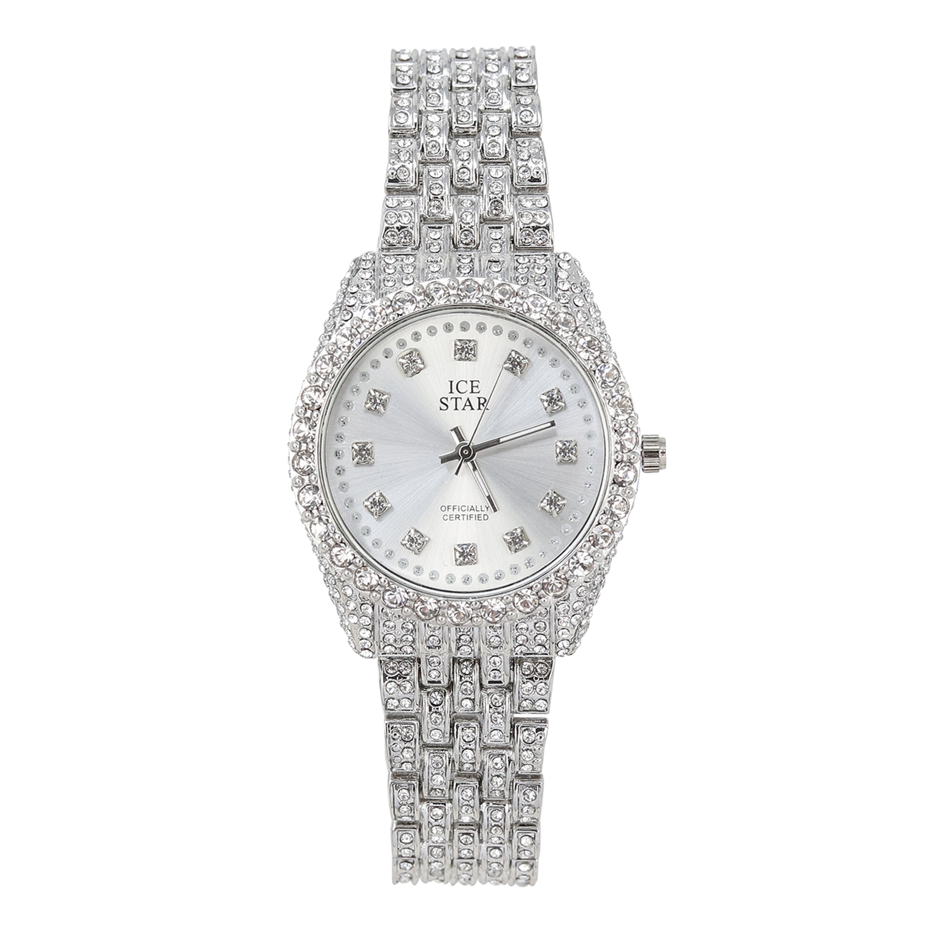 Women's Round Iced Out  Watch 32mm Silver