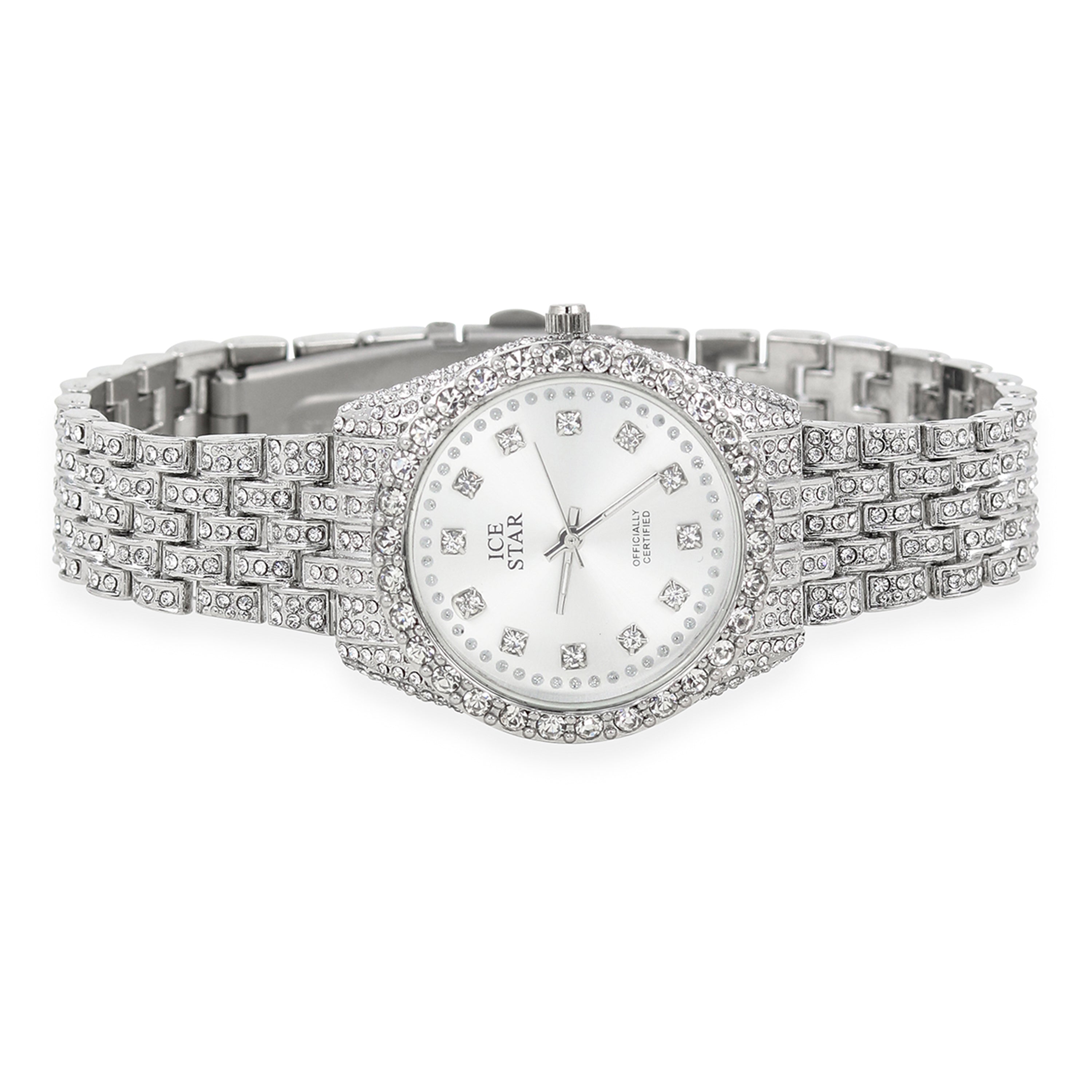 Women's Round Iced Out  Watch 32mm Silver