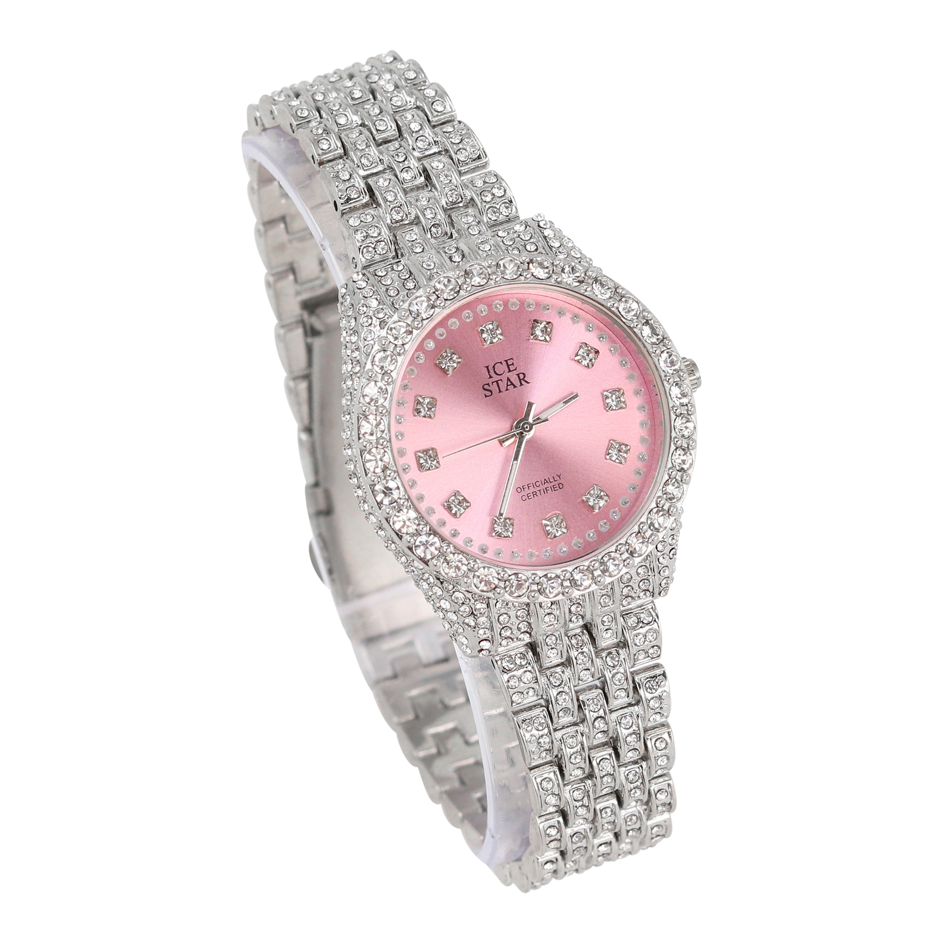 Women's Round Iced Out Watch 32mm Silver