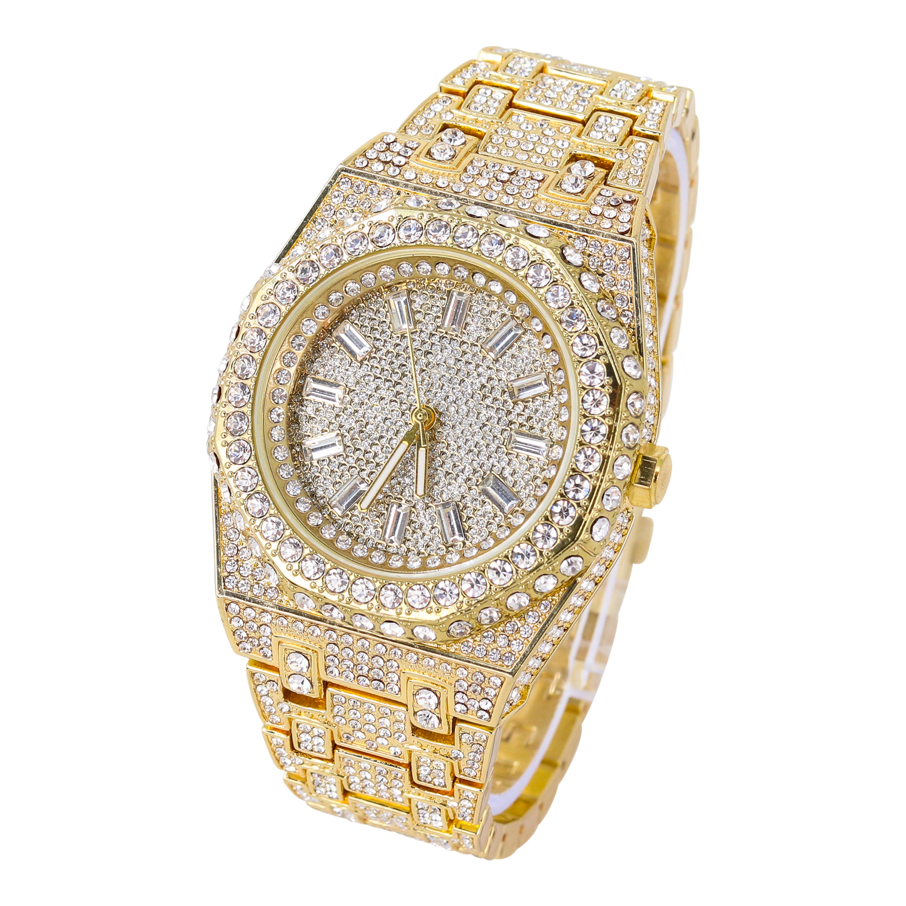 Men's Round Baguette Dial Watch 43mm Gold - "Fully Iced Band"