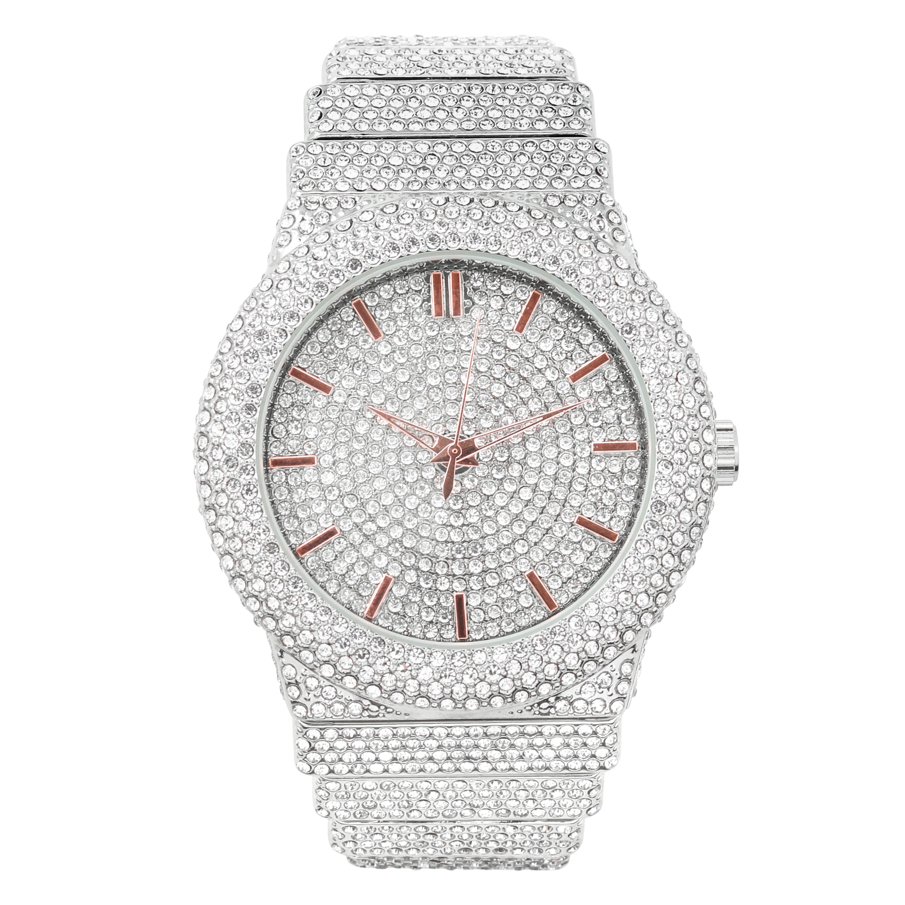 Men's Round Chandelier Watch 46mm Silver - "Fully Iced Band"