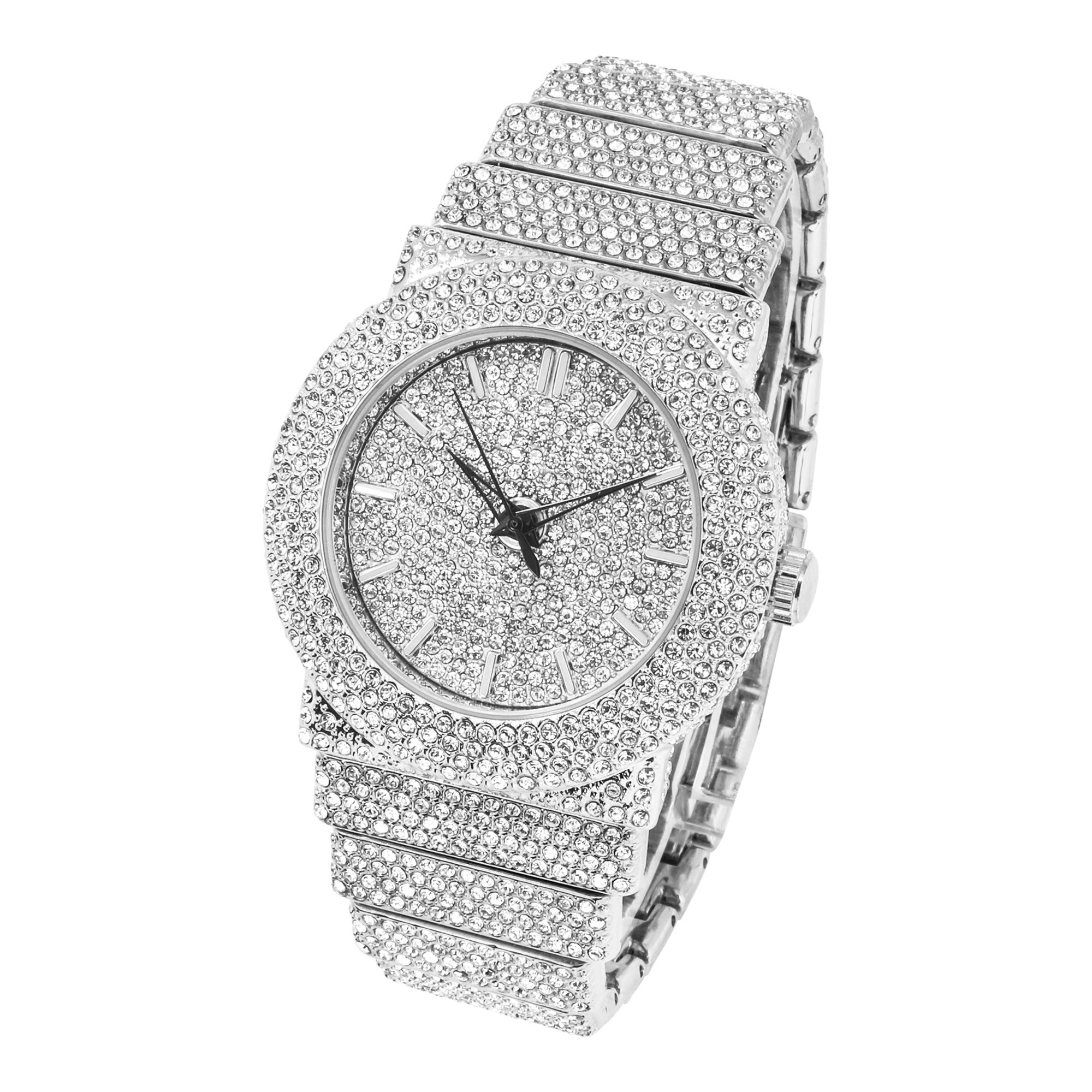 Women's Round Chandelier Watch 40mm Silver - Fully Iced Band