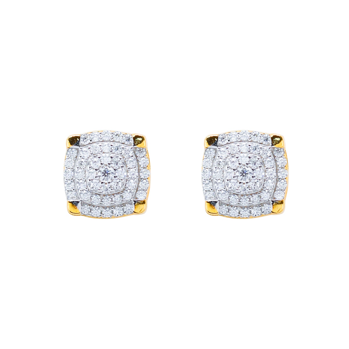 9mm moissanite cluster earrings with 0.5ct diamond studs and gold accents in sterling silver.