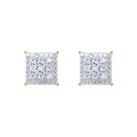 9mm Moissanite cluster earrings with square halo design and gold accents in sterling silver.