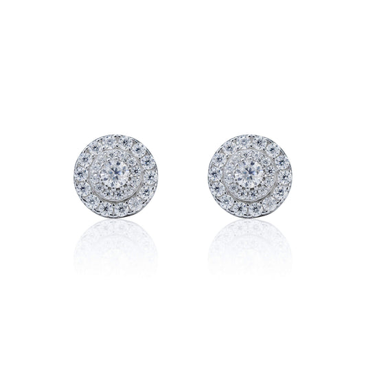 9mm moissanite cluster earrings with 1.78ct diamonds in sterling silver round halo design.