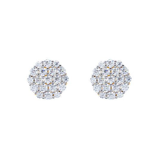 9mm Moissanite cluster earrings in sterling silver shown in bright studio lighting.